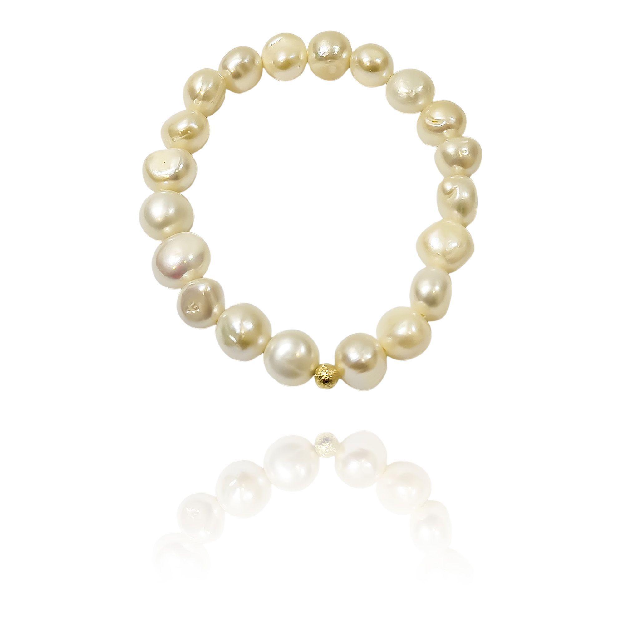 Pulsera Perla De Río Bolita Satinada Enchapada Oro 18K Elasticada-2