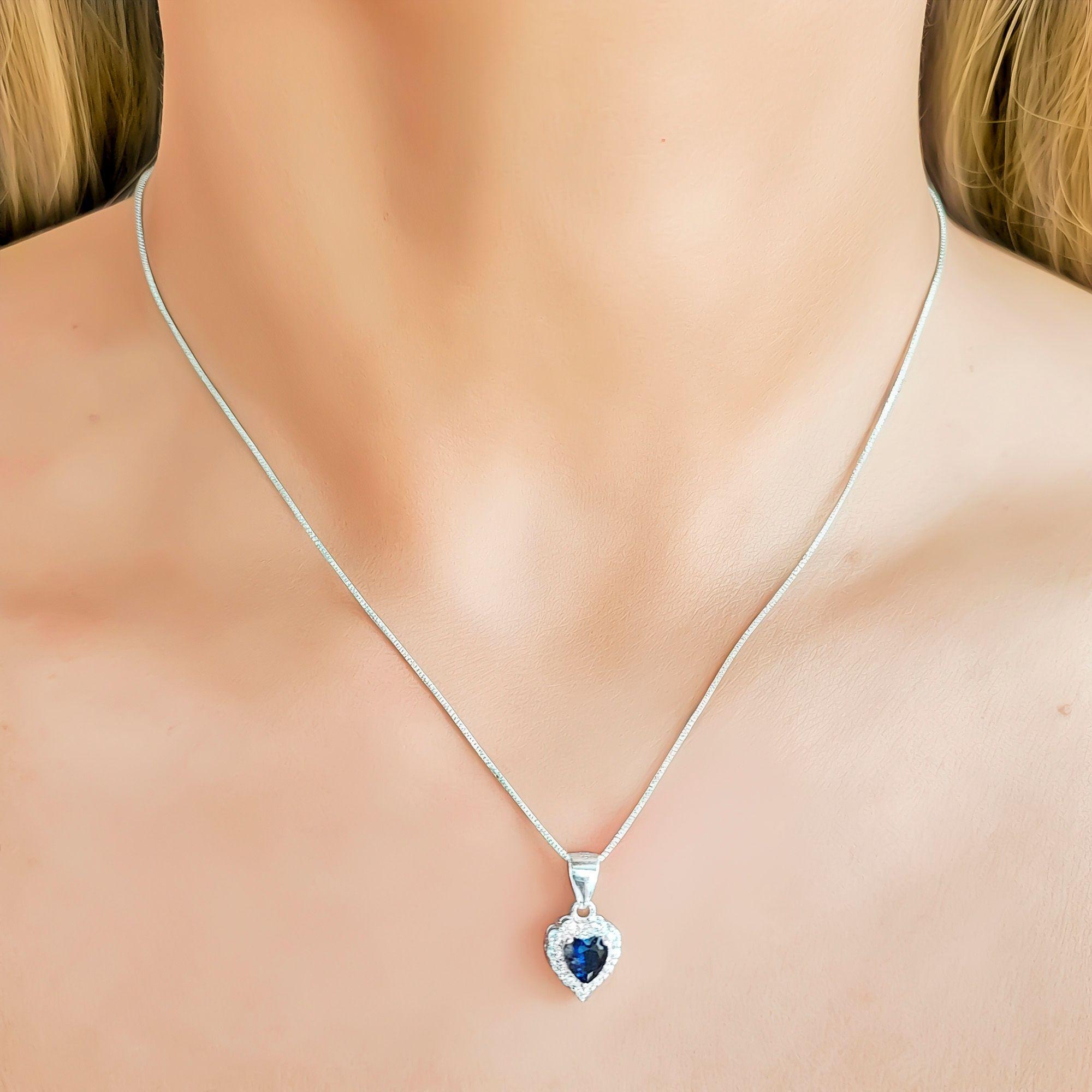 Collar Corazón Circón Azul Lady Plata Fina 925-2