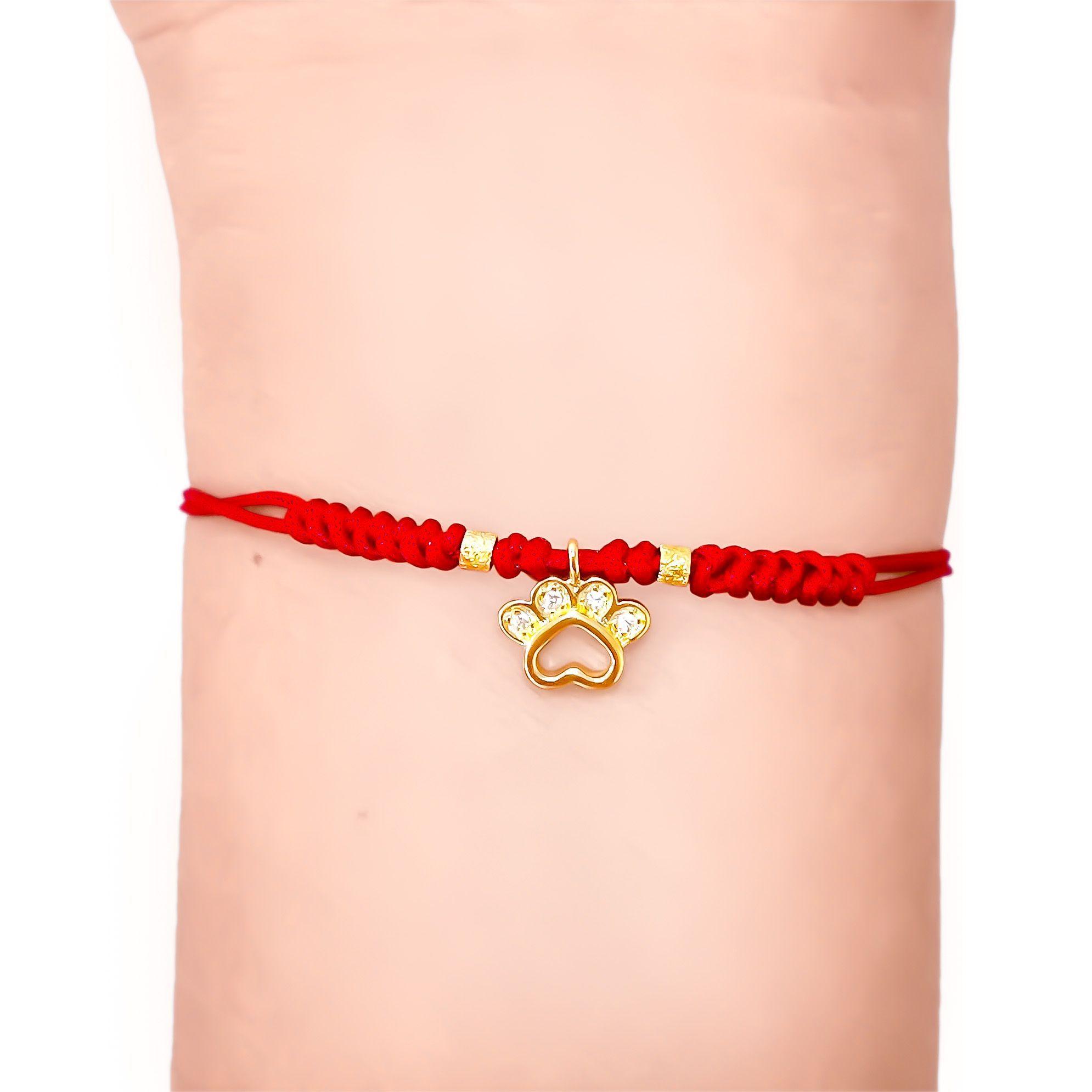 Pulsera Huella Perro Mini Enchapado Oro 18K Cord n Rojo Nudo Serpiente Ajustable-2