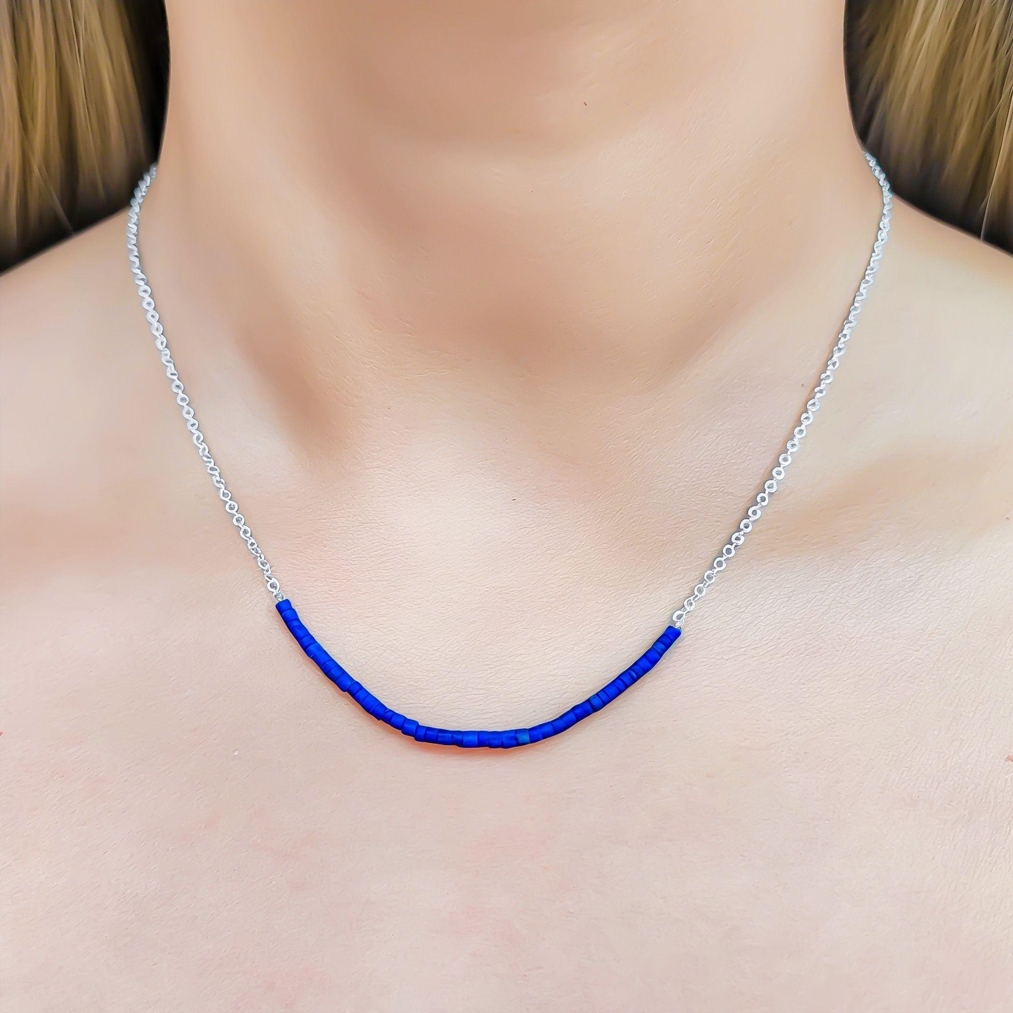 Collar Lapislázuli Mostacilla Cadena Eslabón Plata Fina 925-2