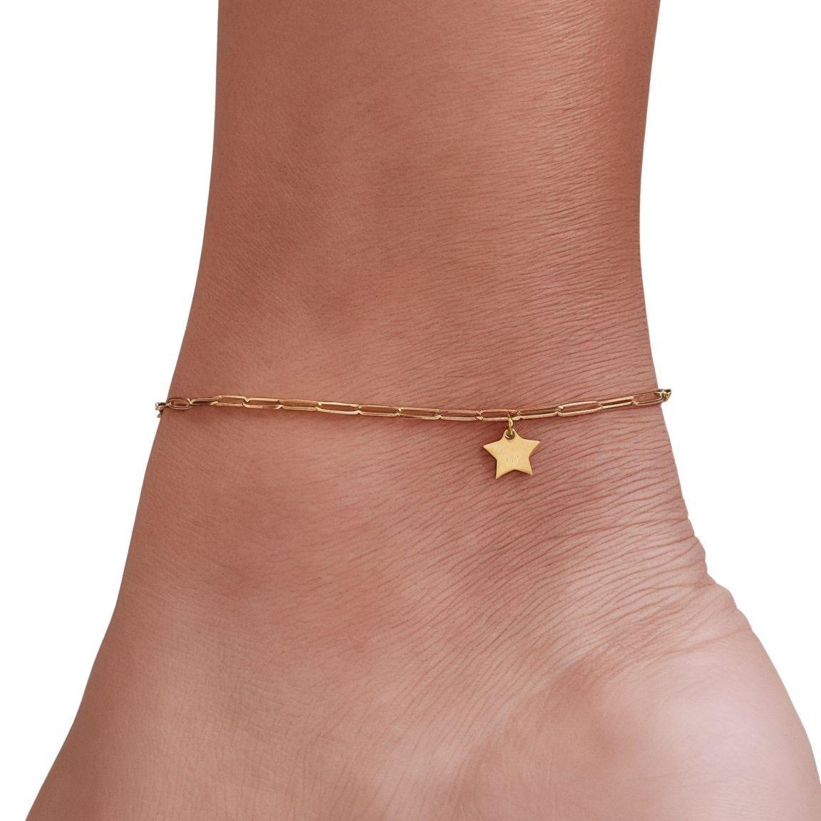  Tobillera Estrella Eslabón Alargado Enchapado Oro 18K-3