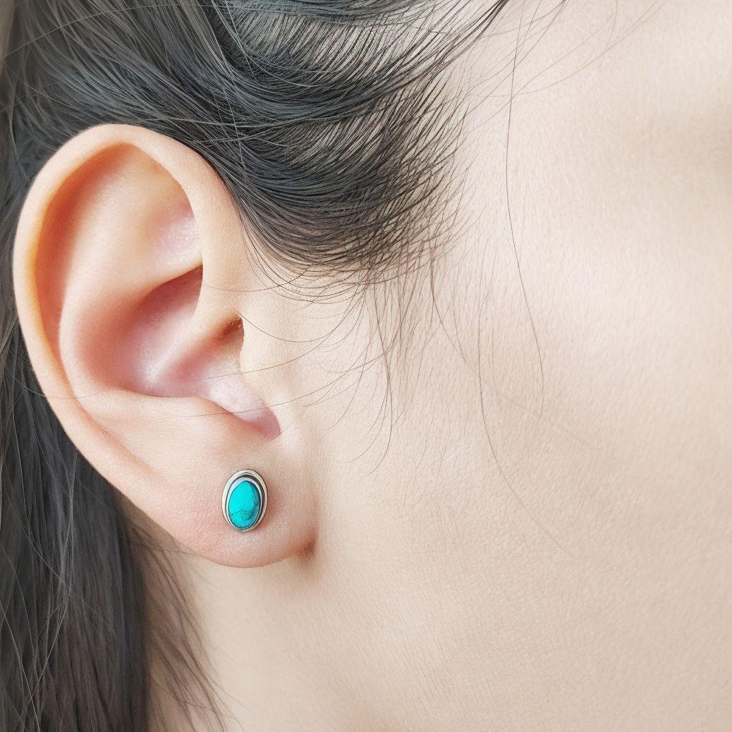 Aros Botón Óvalo Turquesa Plata Fina 925-3