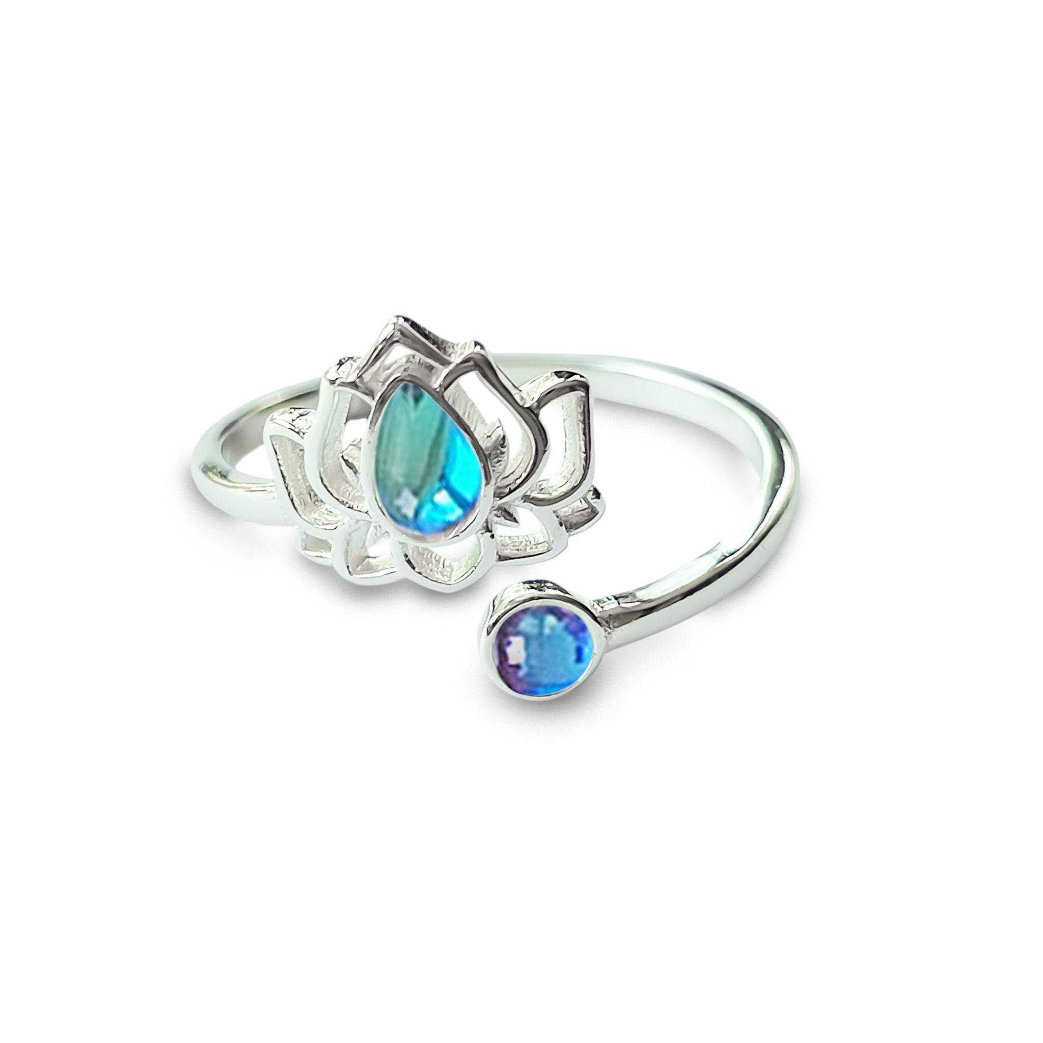 Anillo Flor De Loto Cristal Tornasol Plata Fina Adaptable-0