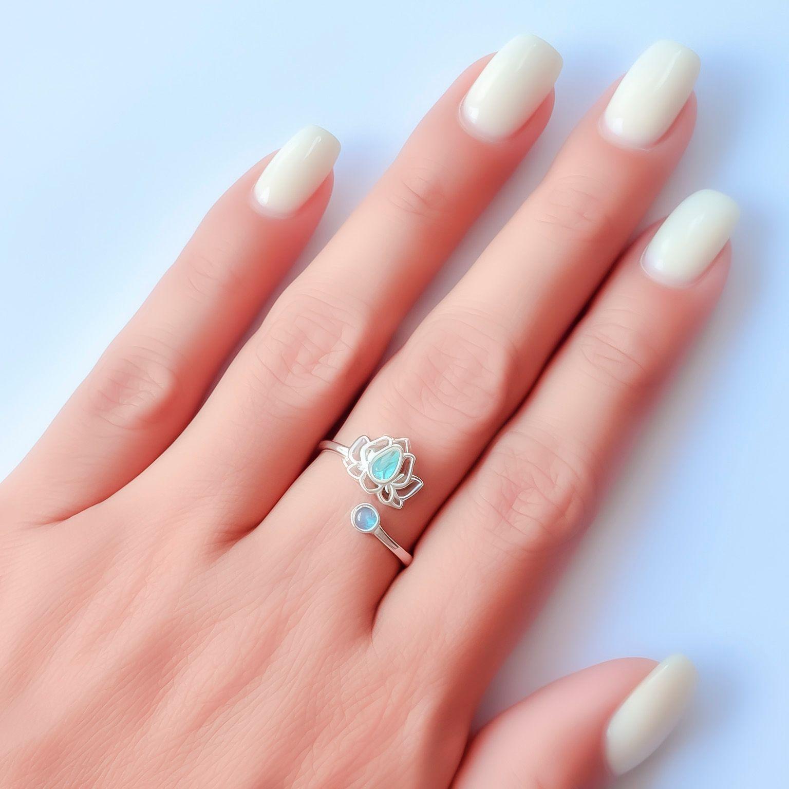 Anillo Flor De Loto Cristal Tornasol Plata Fina Adaptable-2