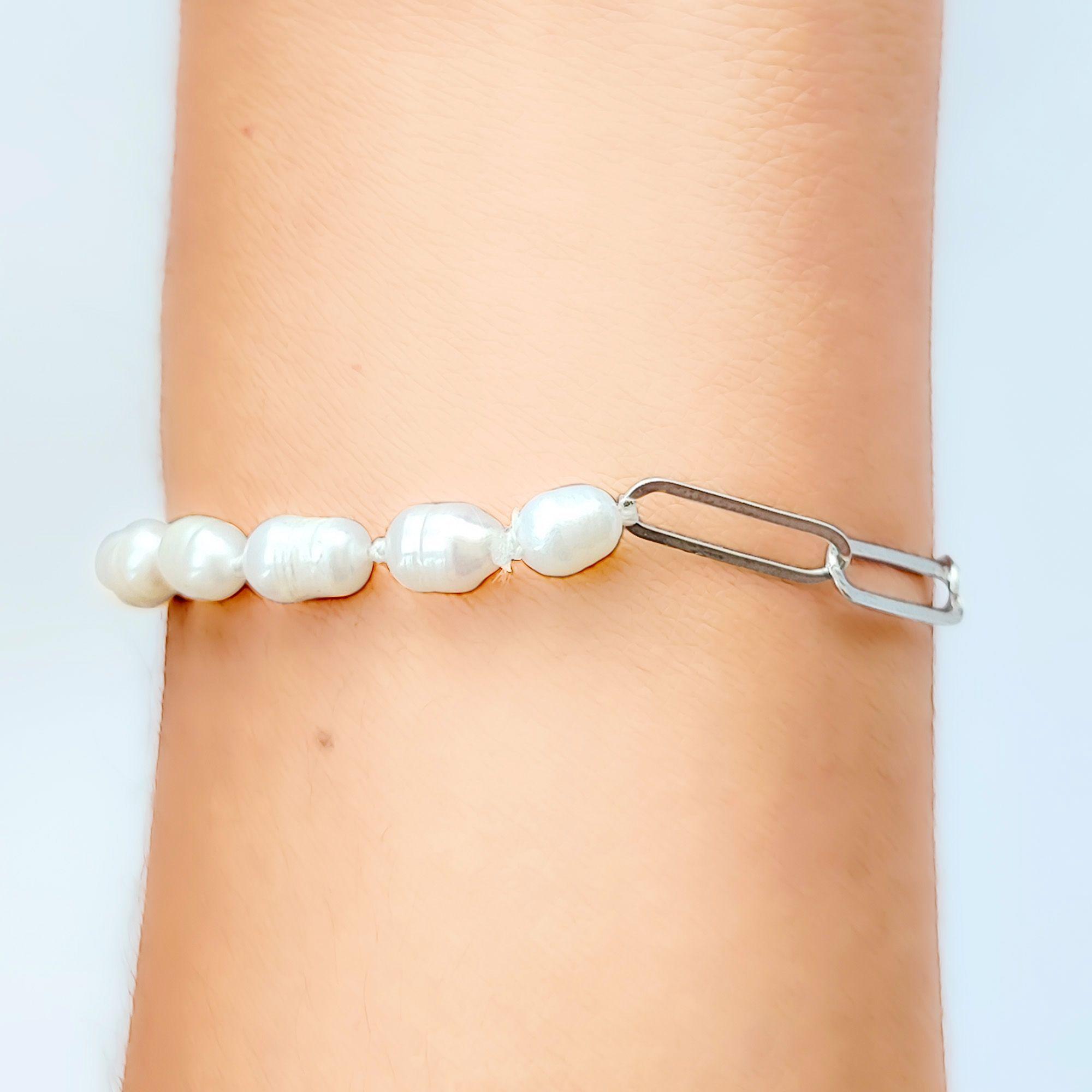 Pulsera Eslabón Alargado Perla Plata Fina 925-2