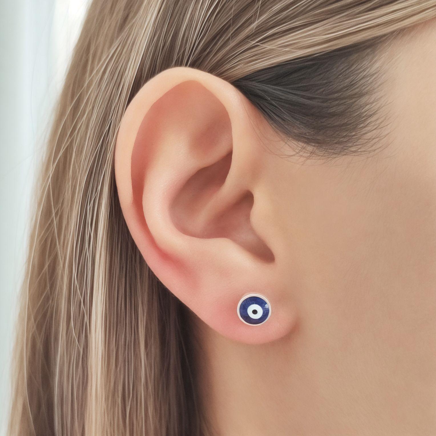 Aros Ojo Turco Cristal Azul 7mm Plata Fina 925-2