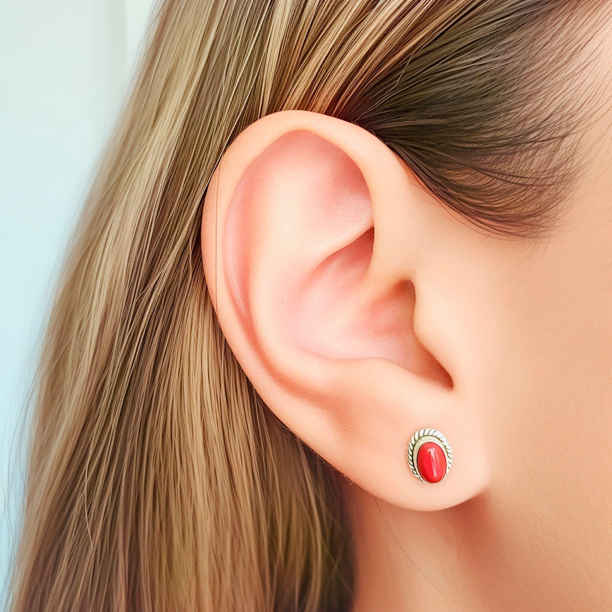 Aros Botón Óvalo Trenzado Coral Plata Fina 925-2
