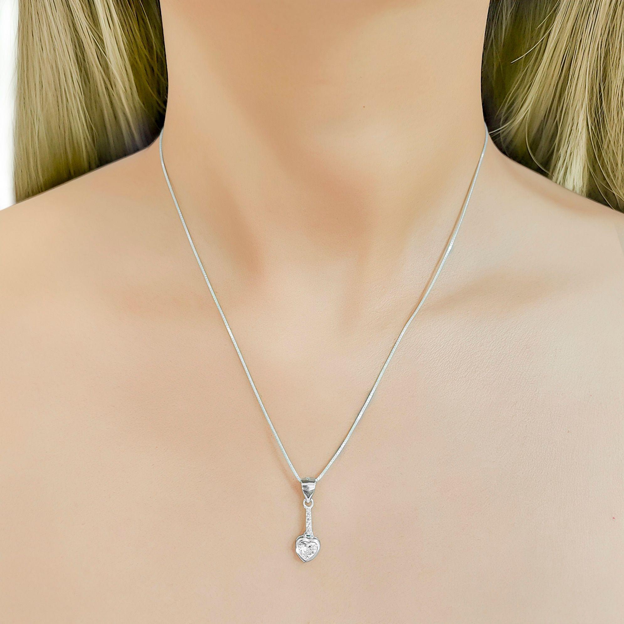 Collar Barra Corazón Circón Plata Fina 925-2