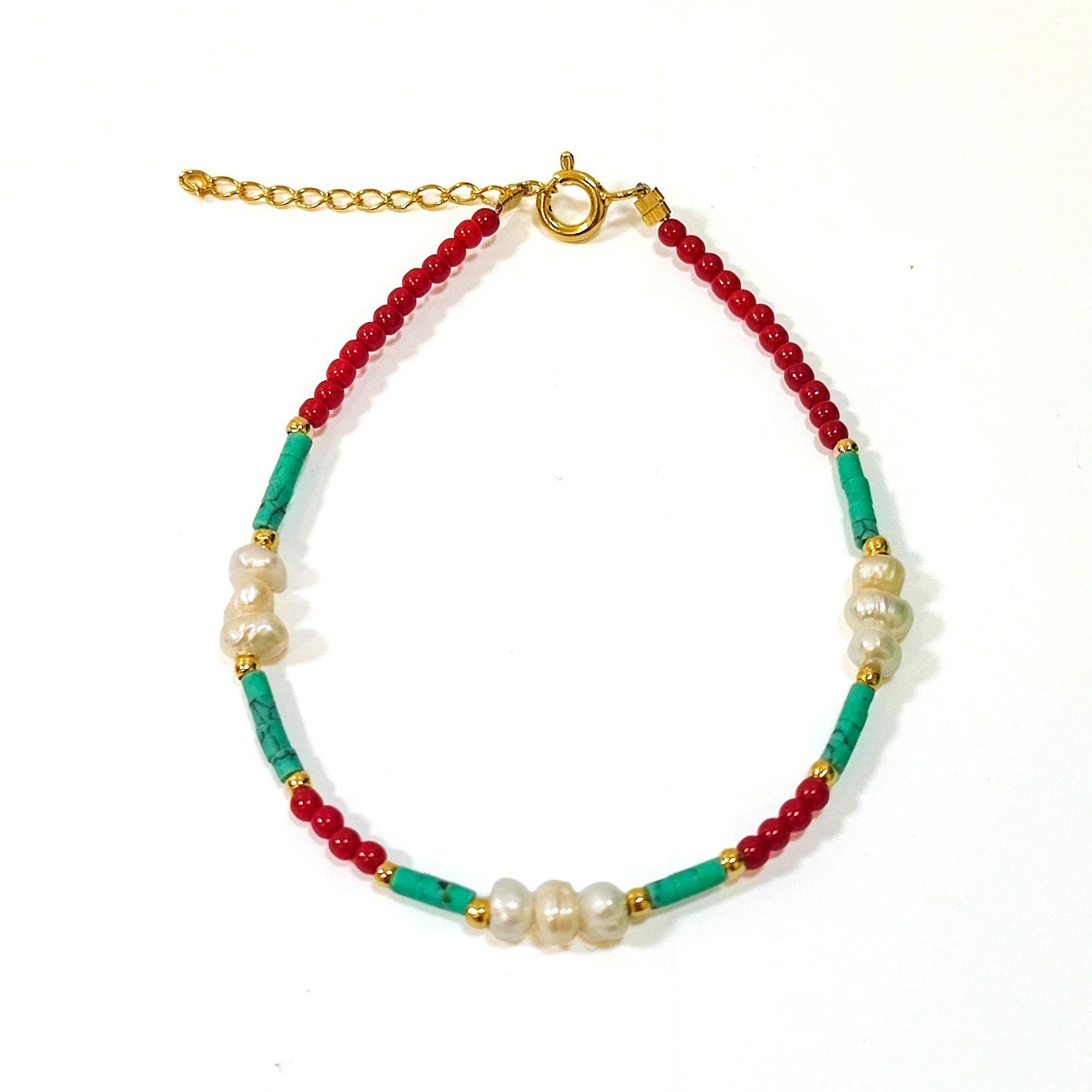 Pulsera Mix Turquesa Perla Cristal Rojo Enchapado Oro 18K-2
