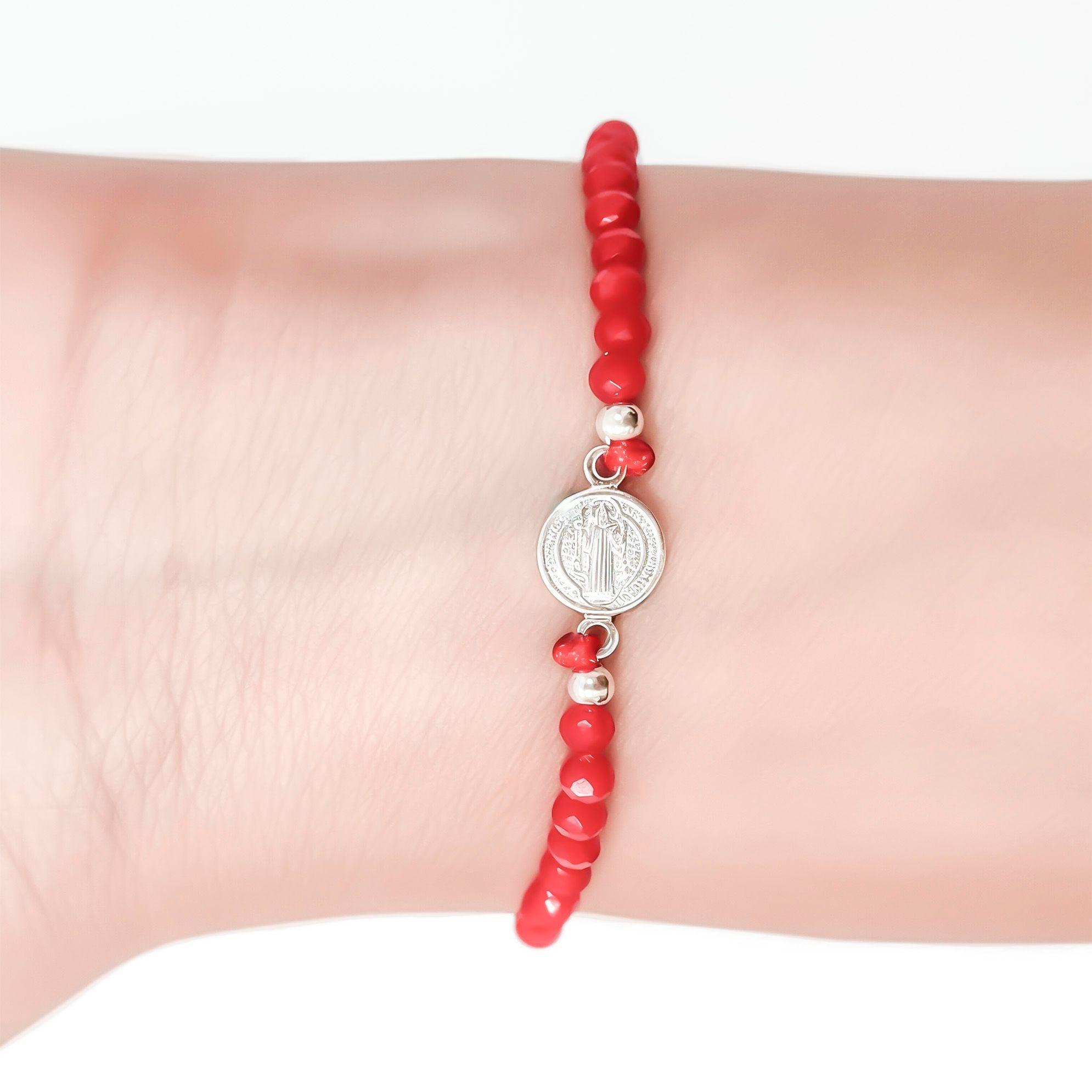Pulsera Medalla San Benito Plata Fina 925 Cristal Cordón Rojo-2