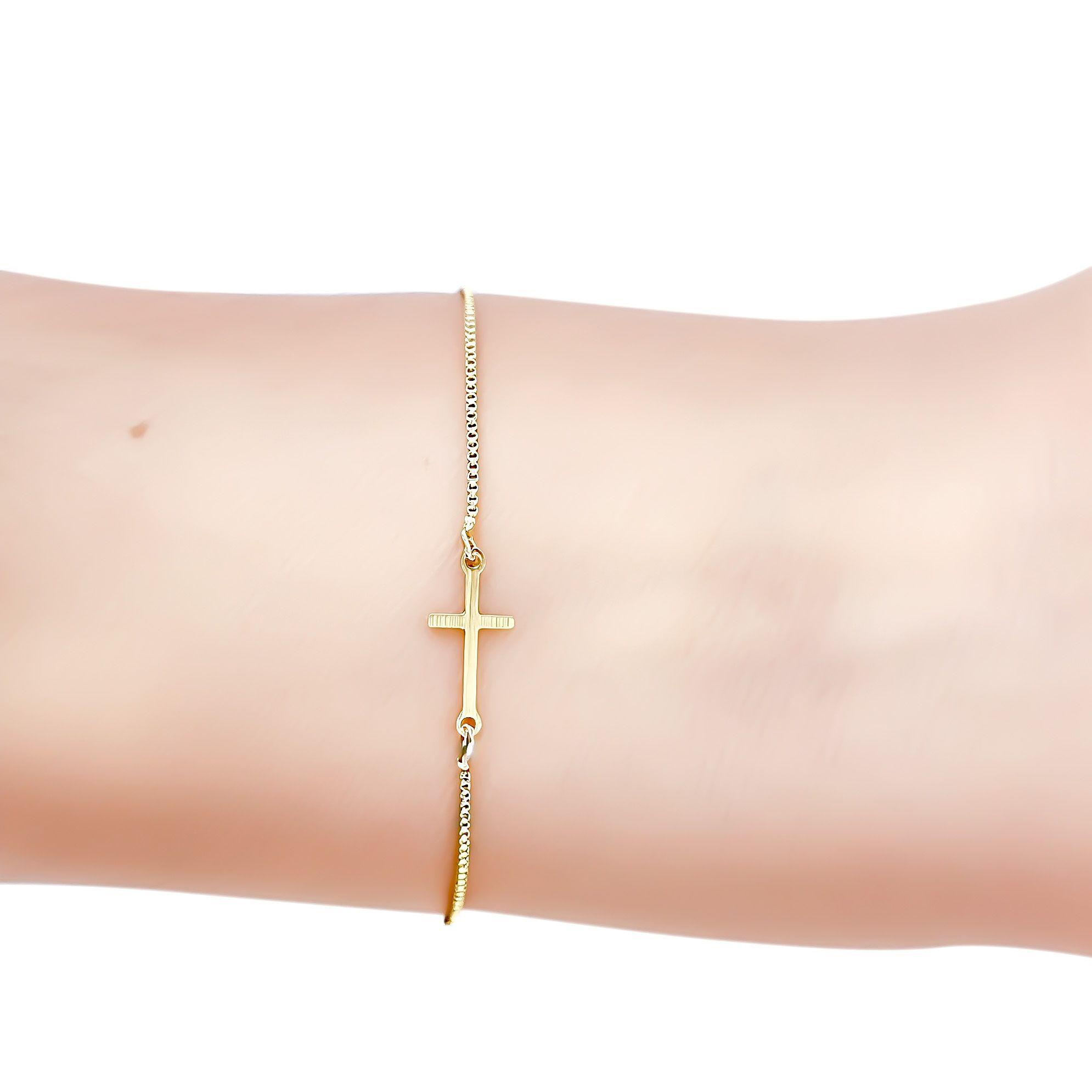Pulsera Medalla San Benito Cruz Plana Cadena Veneciana Enchapado Oro 18K-1