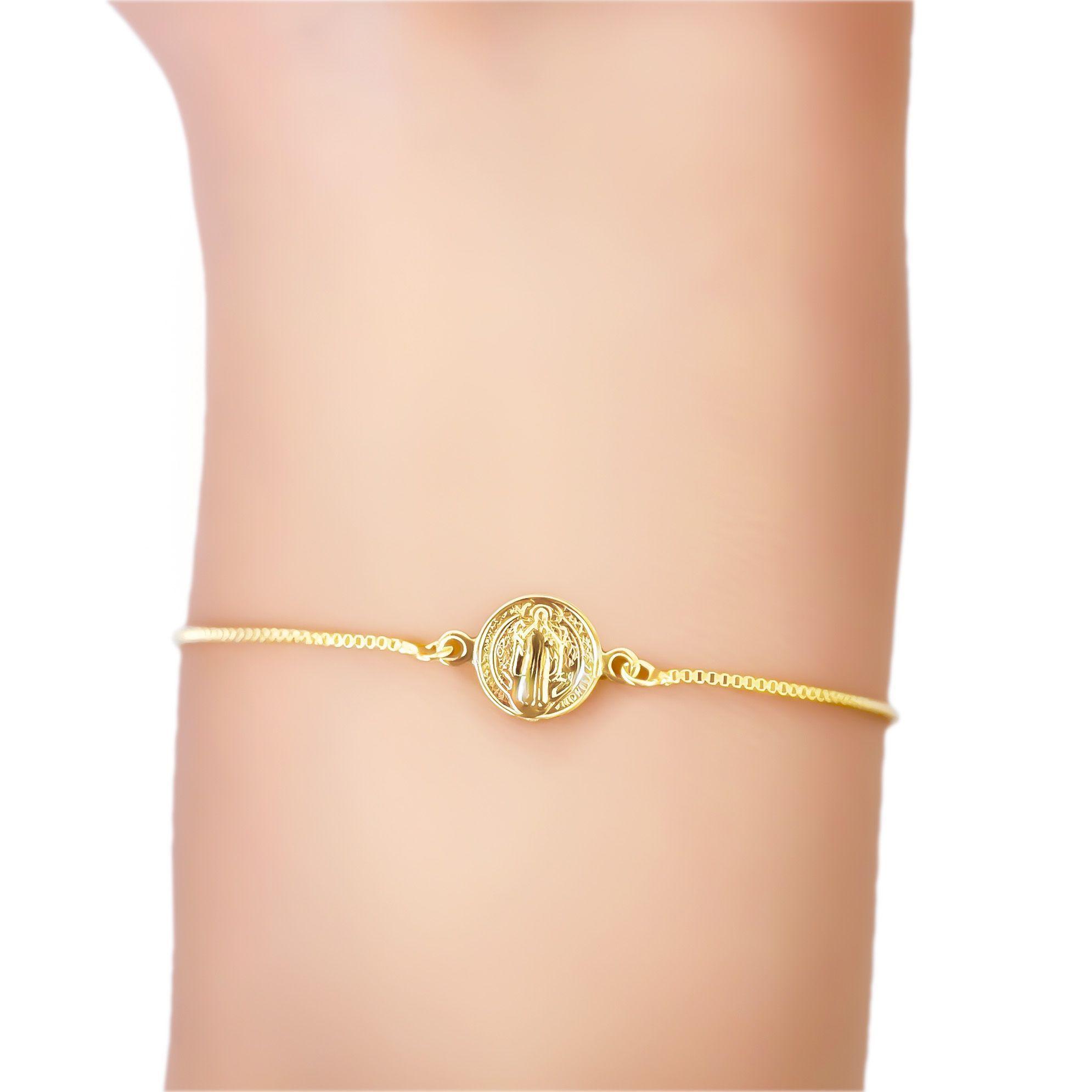 Pulsera Medalla San Benito Cruz Plana Cadena Veneciana Enchapado Oro 18K-2