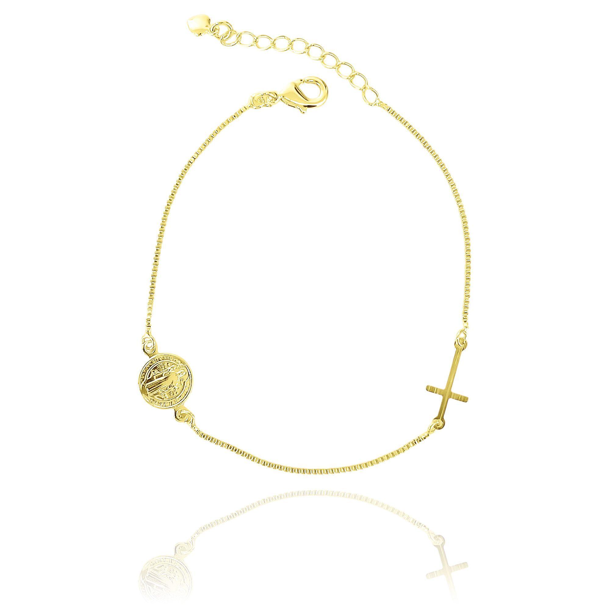 Pulsera Medalla San Benito Cruz Plana Cadena Veneciana Enchapado Oro 18K-3