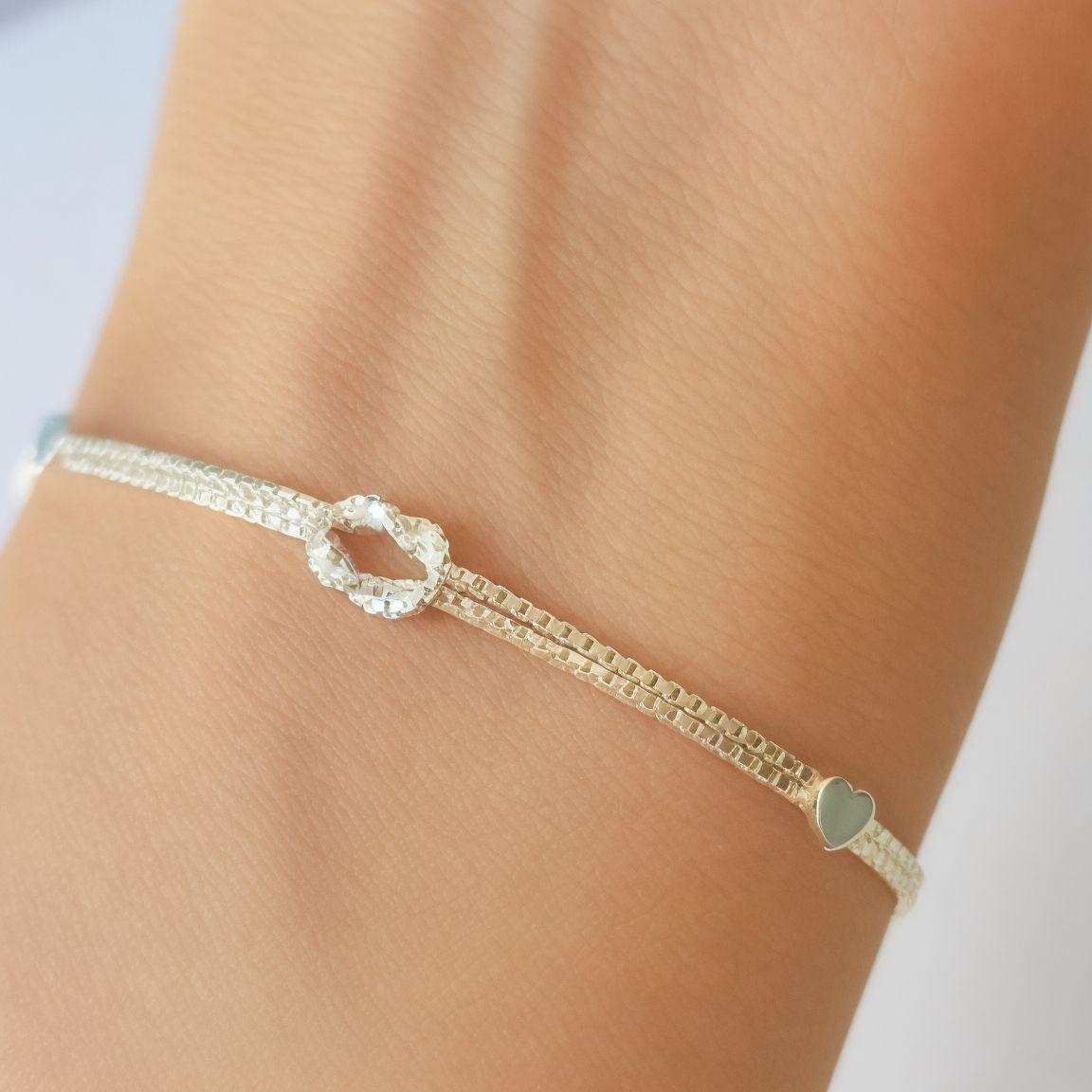 Pulsera Nudo 2 Corazones Plata Fina 925-2