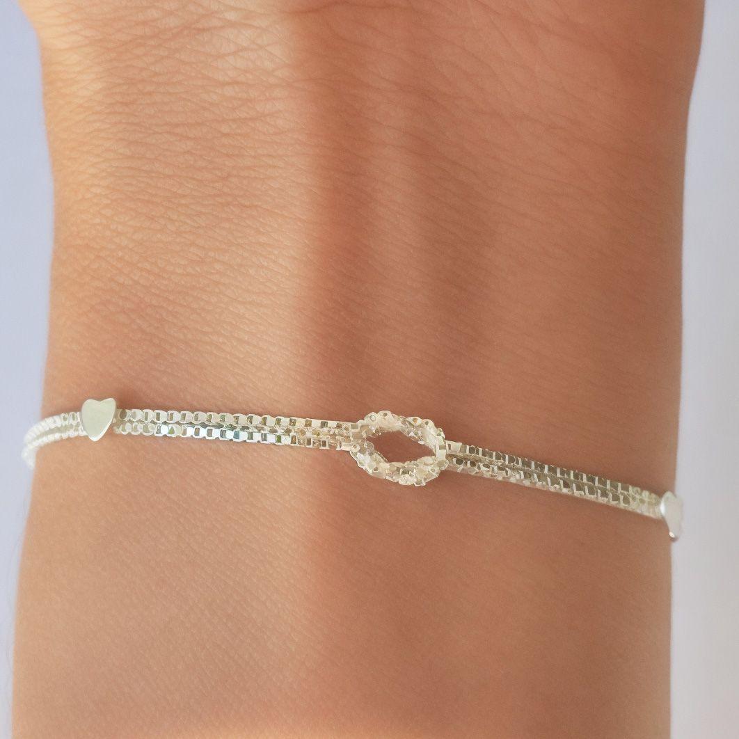 Pulsera Nudo 2 Corazones Plata Fina 925-3