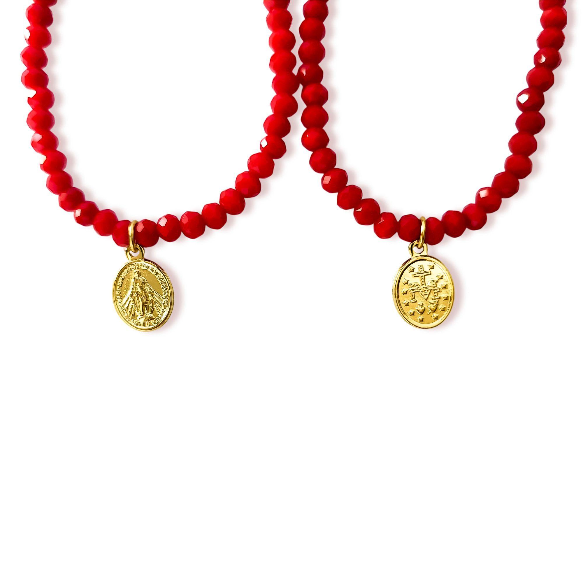 Pulsera Virgen De Los Rayos Cristal Rojo Enchapado Oro 18K-2