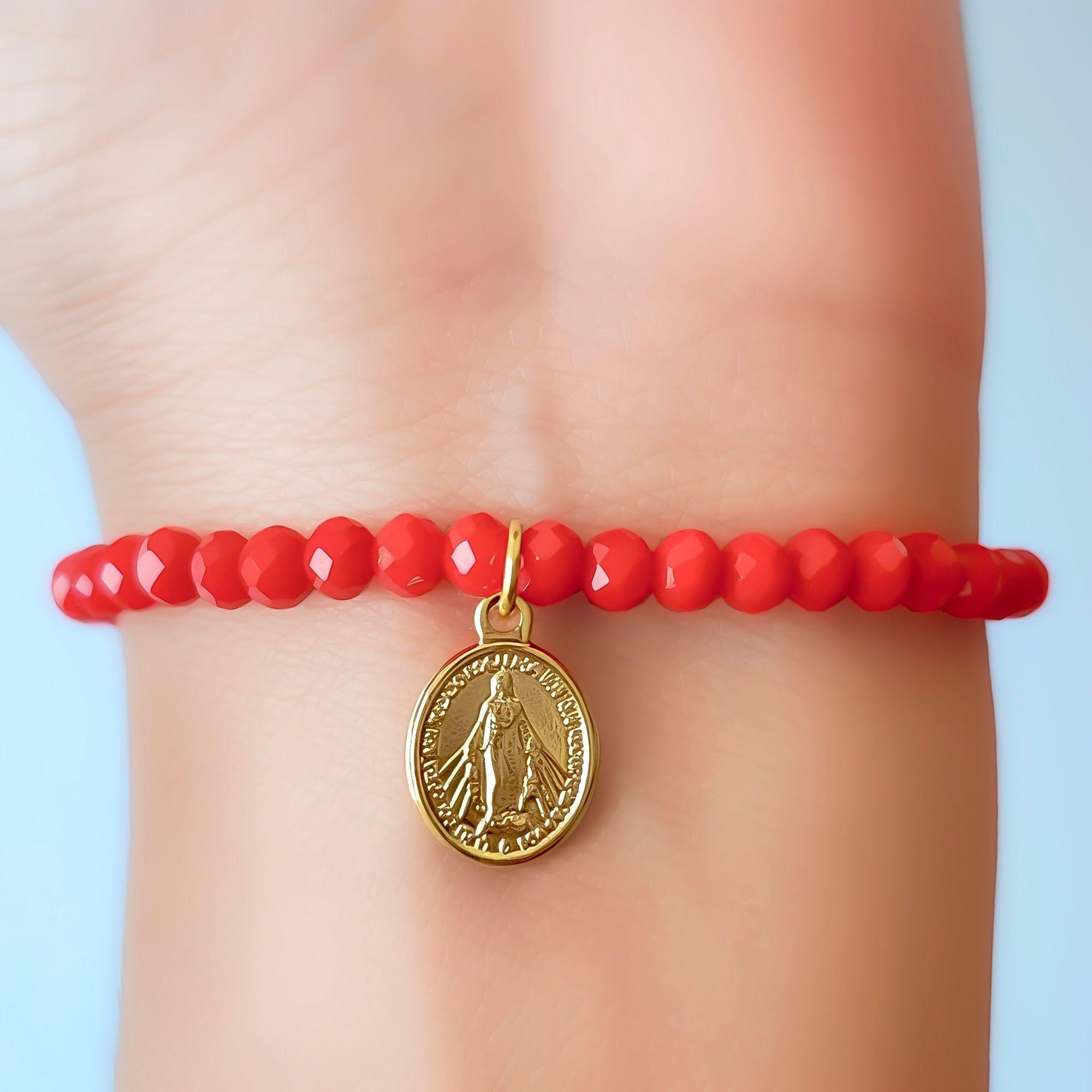Pulsera Virgen De Los Rayos Cristal Rojo Enchapado Oro 18K-3