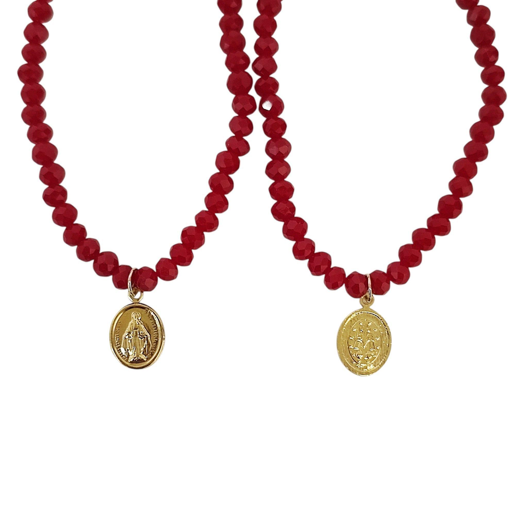 Pulsera Virgen De Los Rayos Cristal Rojo Enchapado Oro 18K-2