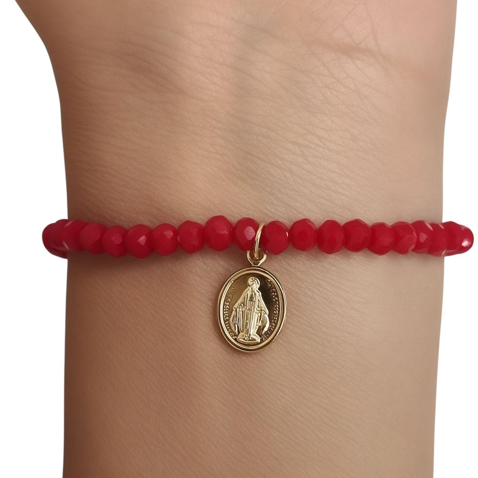 Pulsera Virgen De Los Rayos Cristal Rojo Enchapado Oro 18K-3