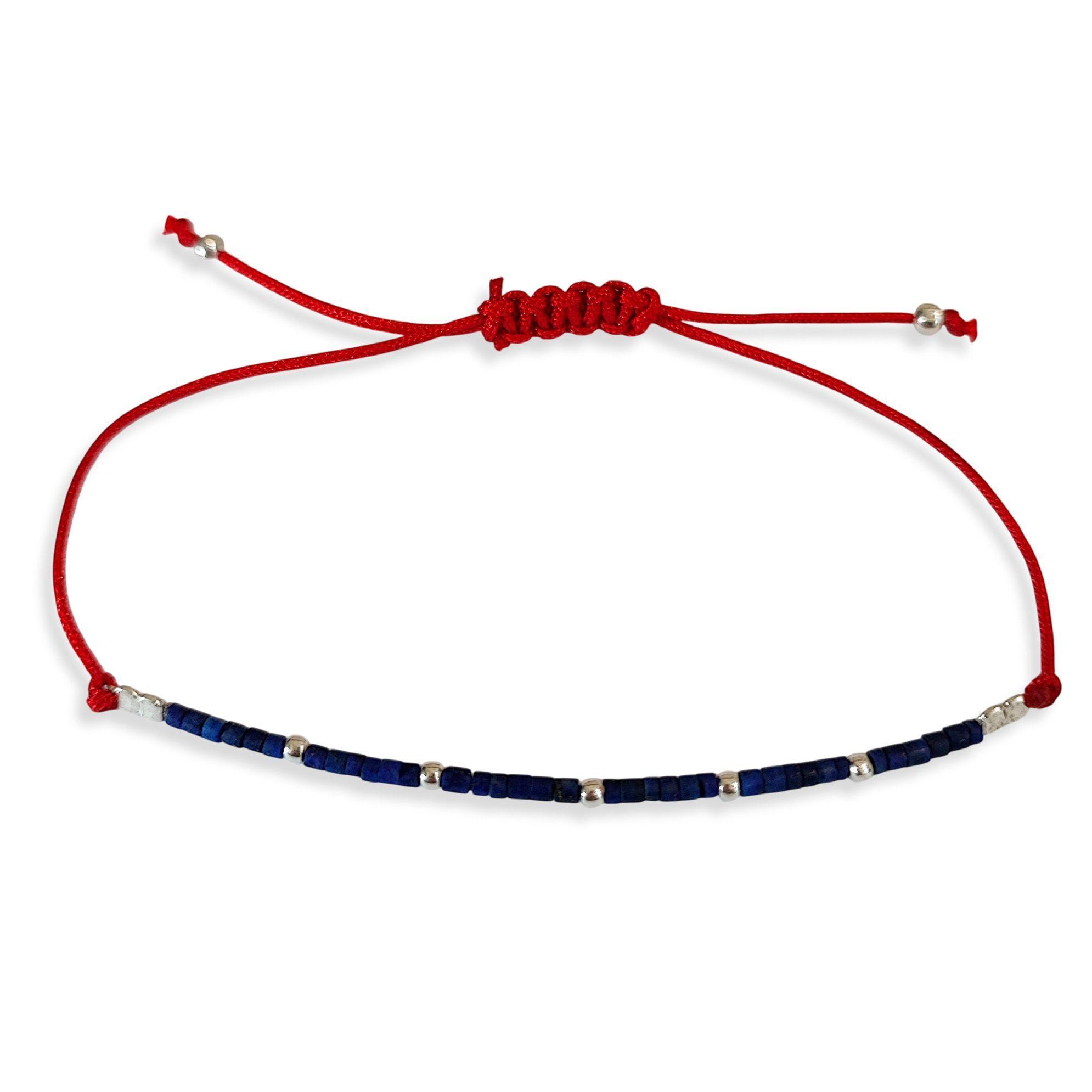 Pulsera Mostacilla Lapislázuli Bolas Plata Fina 925 Cordón Rojo-2