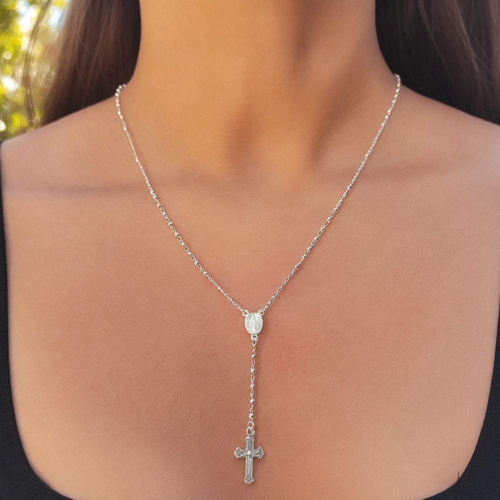 Collar Rosario Virgen De Los Rayos Cruz Plata Fina 925-3