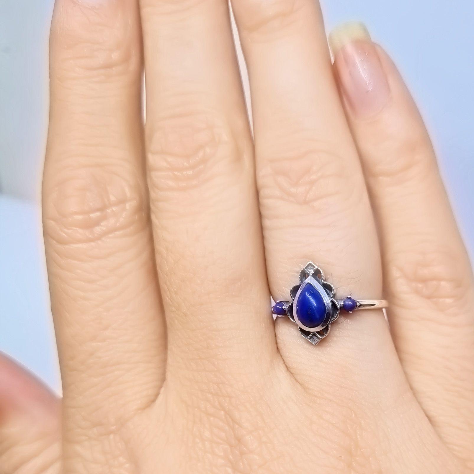 Anillo Loto Lapislázuli Plata Fina 925 Envejecido-2