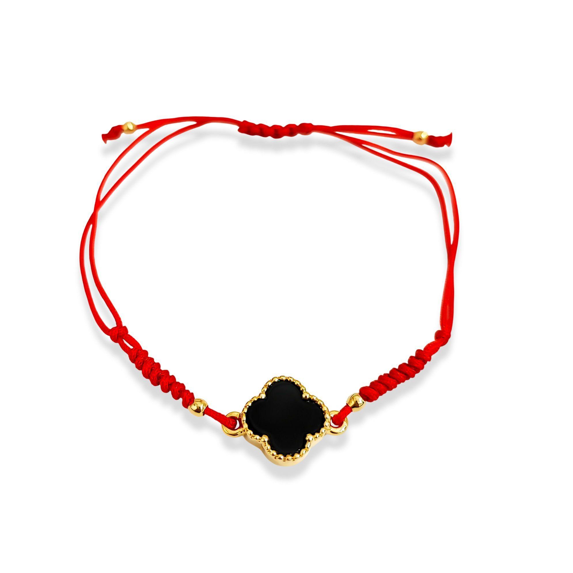 Pulsera Trébol Negro Enchapado Oro 18K Cordón Rojo-2