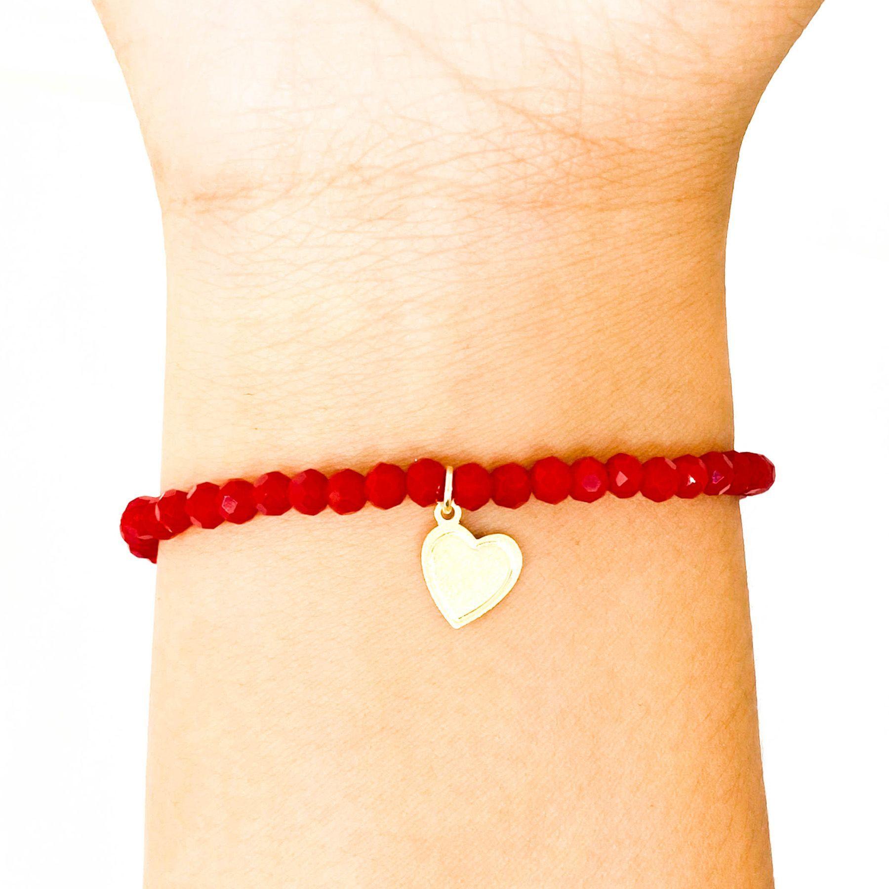 Pulsera Corazón Satinado Enchapado Oro 18K Cristal Rojo-2