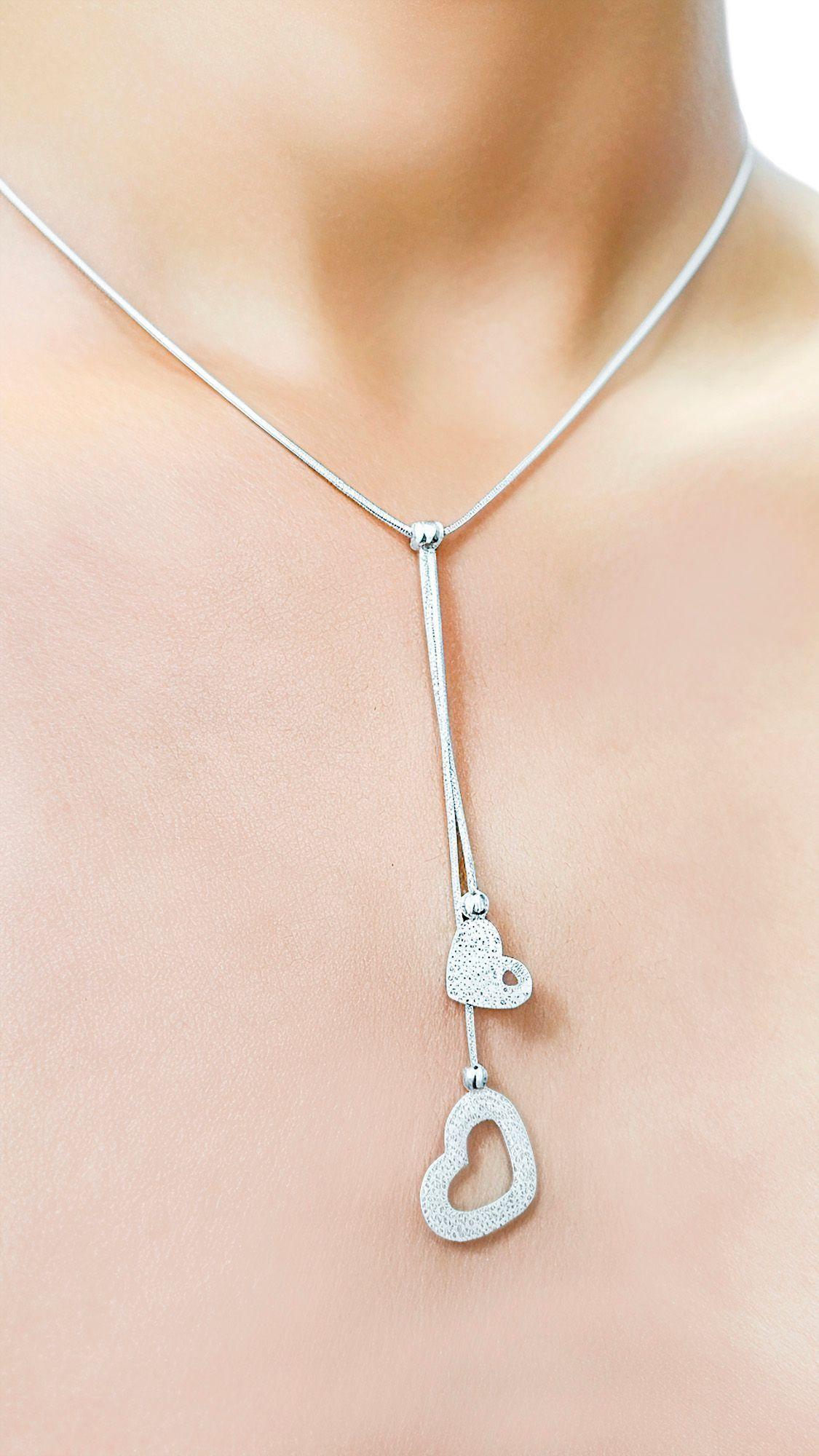 Collar 2 Corazones Colgantes Plata Fina 925-3