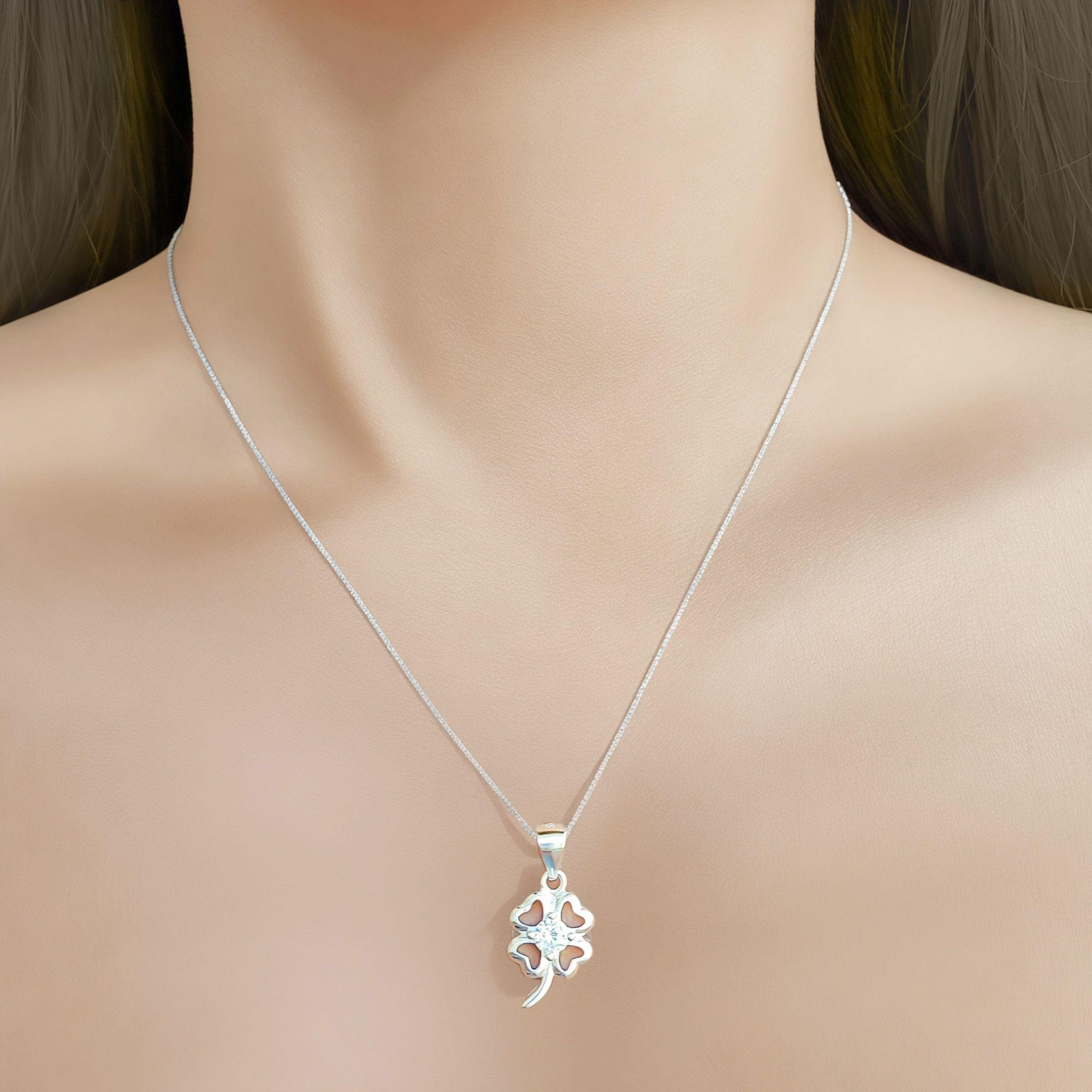 Collar Trébol Cuatro Hojas Circón Plata Fina 925-1