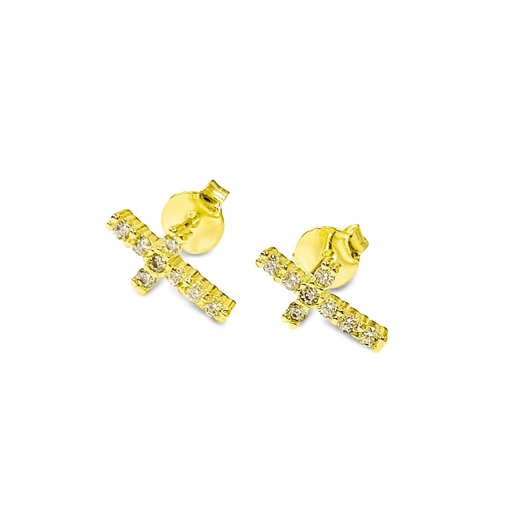 Aros Cruz Mini Micro Circón Enchapado Oro 18K -2