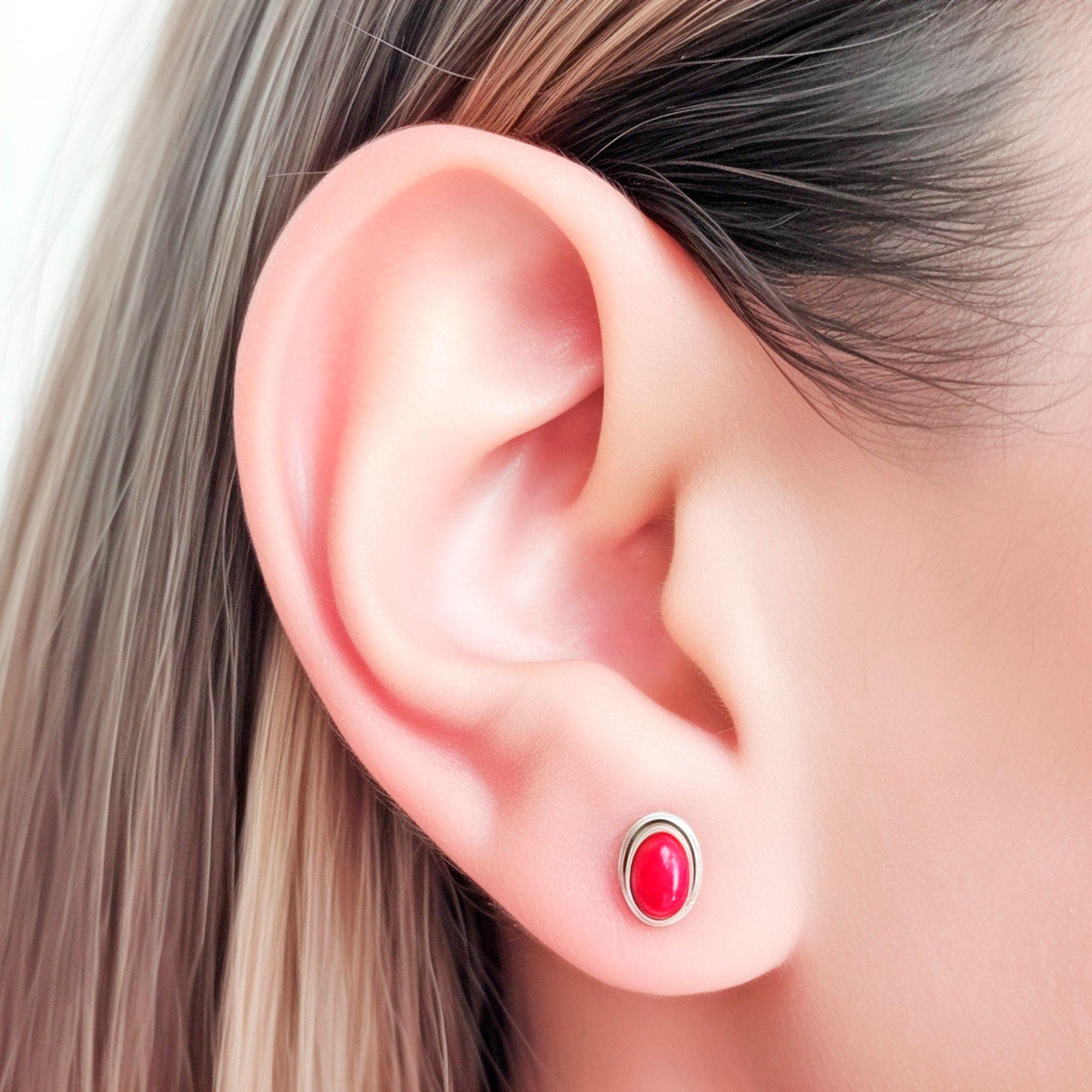 Aros Botón Óvalo Coral Plata Fina 925-2