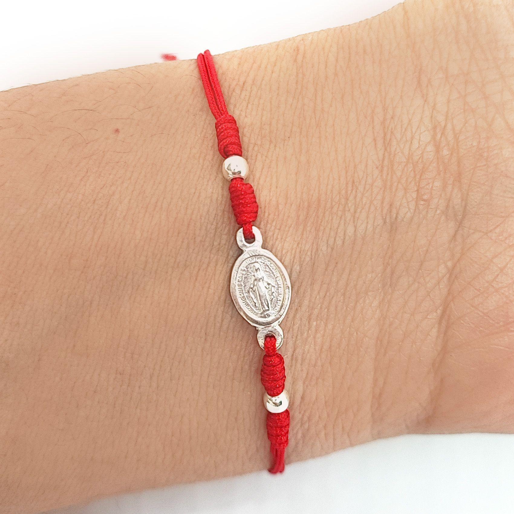 Pulsera Virgen De Los Rayos y Bolas Plata Fina 925 Cordón Rojo-2
