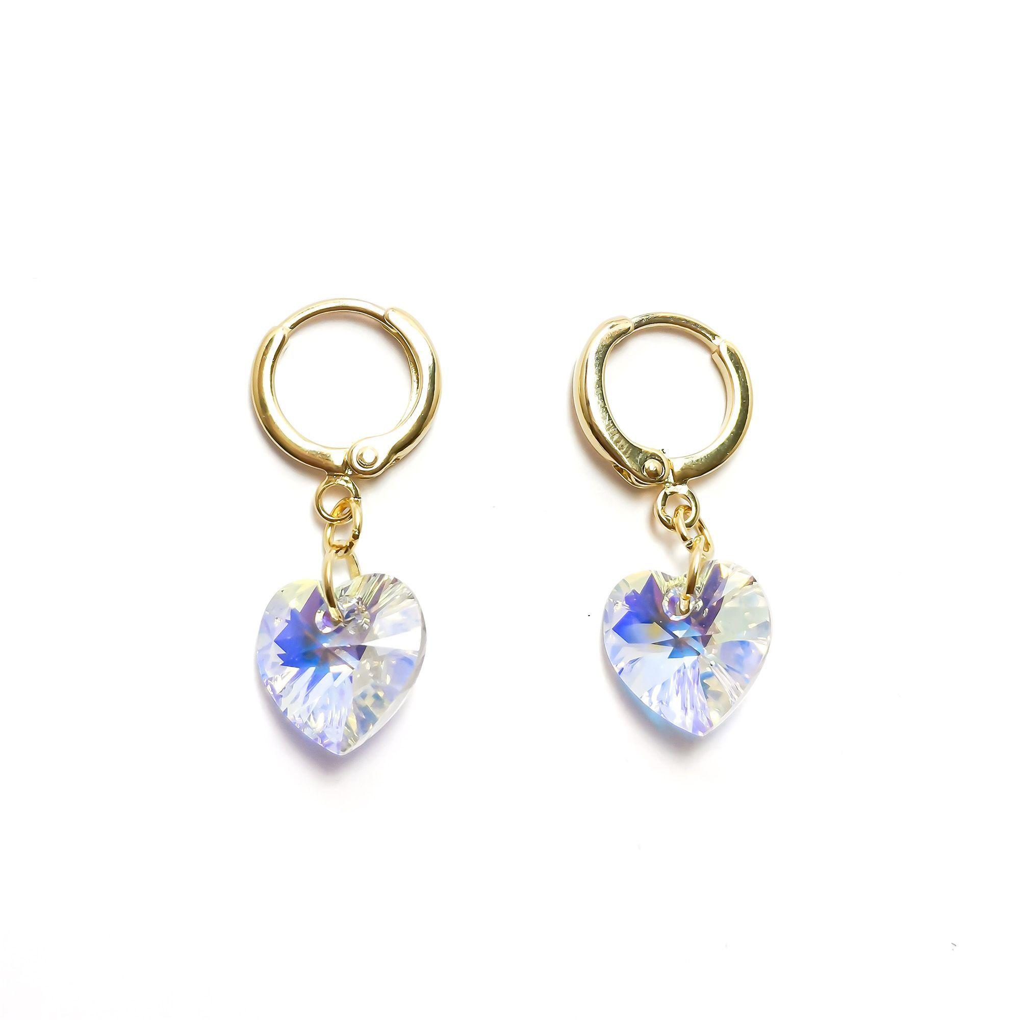 Aros Argolla Corazón Cristal Austriaco Aurore Boreale Enchapado Oro 18K-0