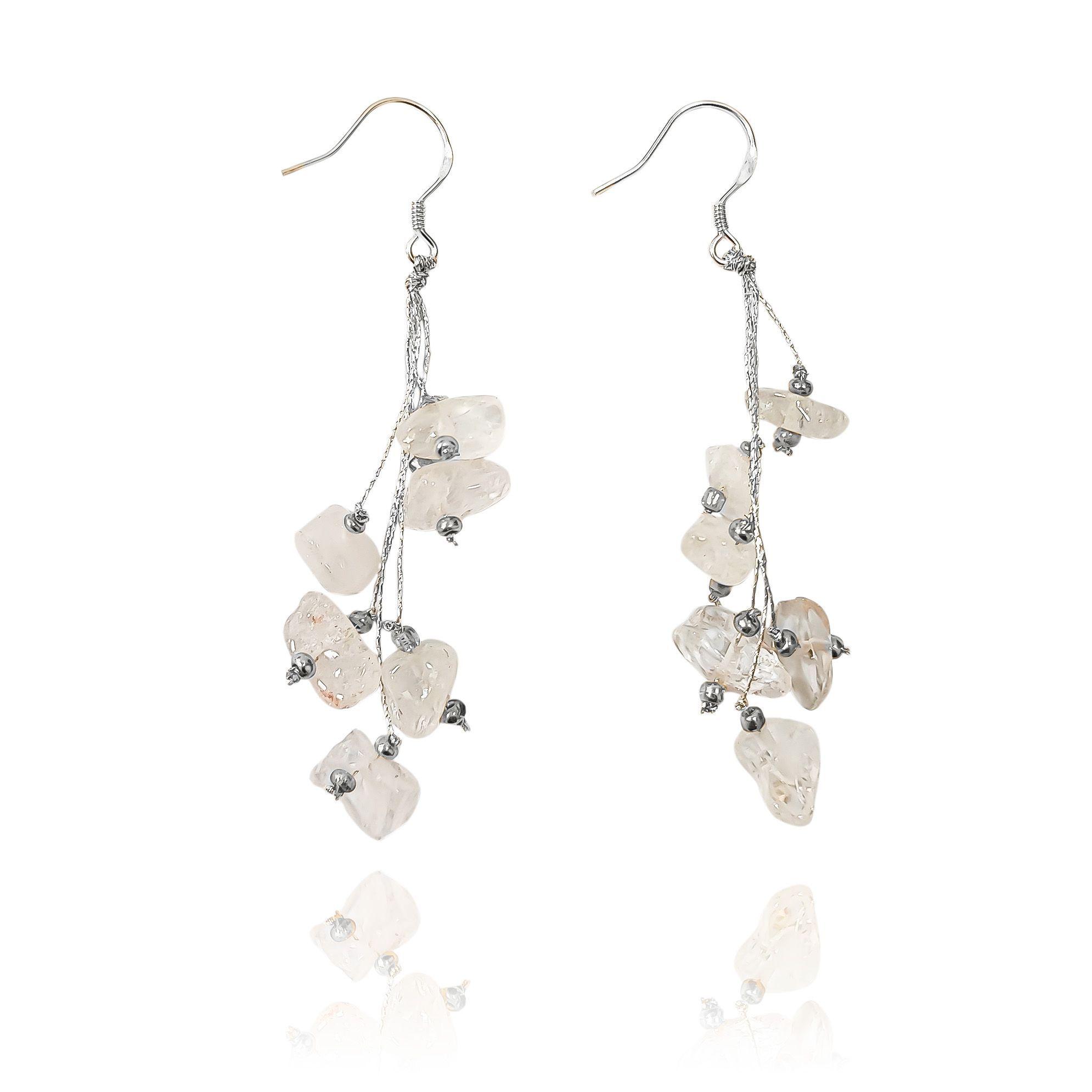 Aros Cuarzo Rosa Hilo Platedao Gancho Plata Fina 925-0