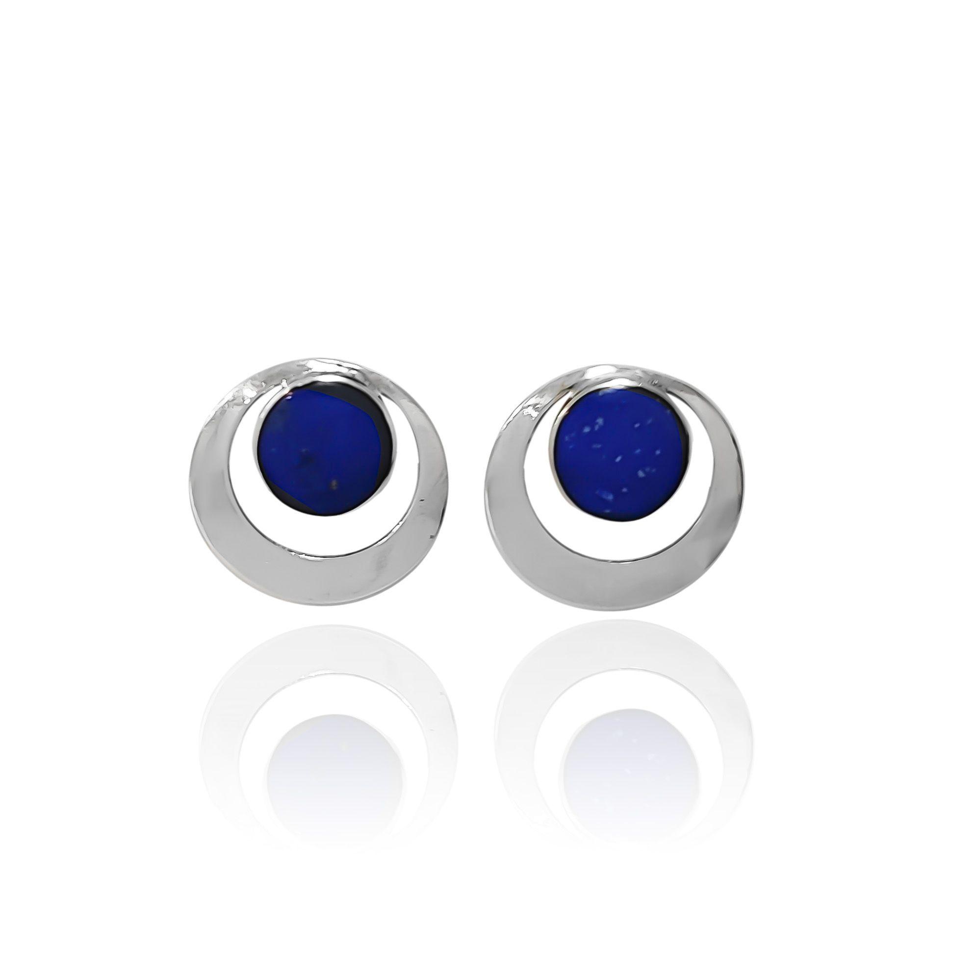 Aros Redondo Lapisl zuli Calado Borde Plata Fina 950-0