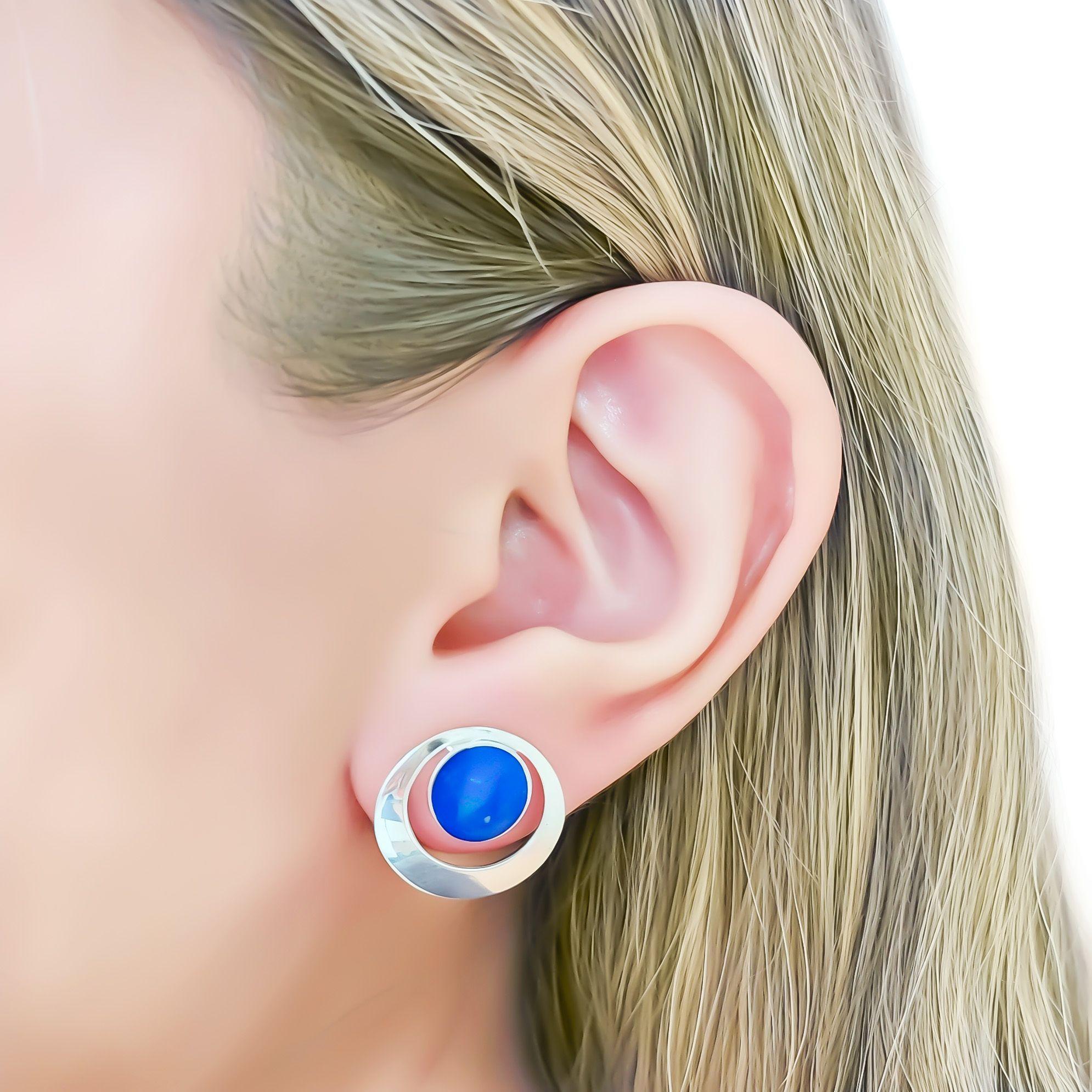 Aros Redondo Lapisl zuli Calado Borde Plata Fina 950-2