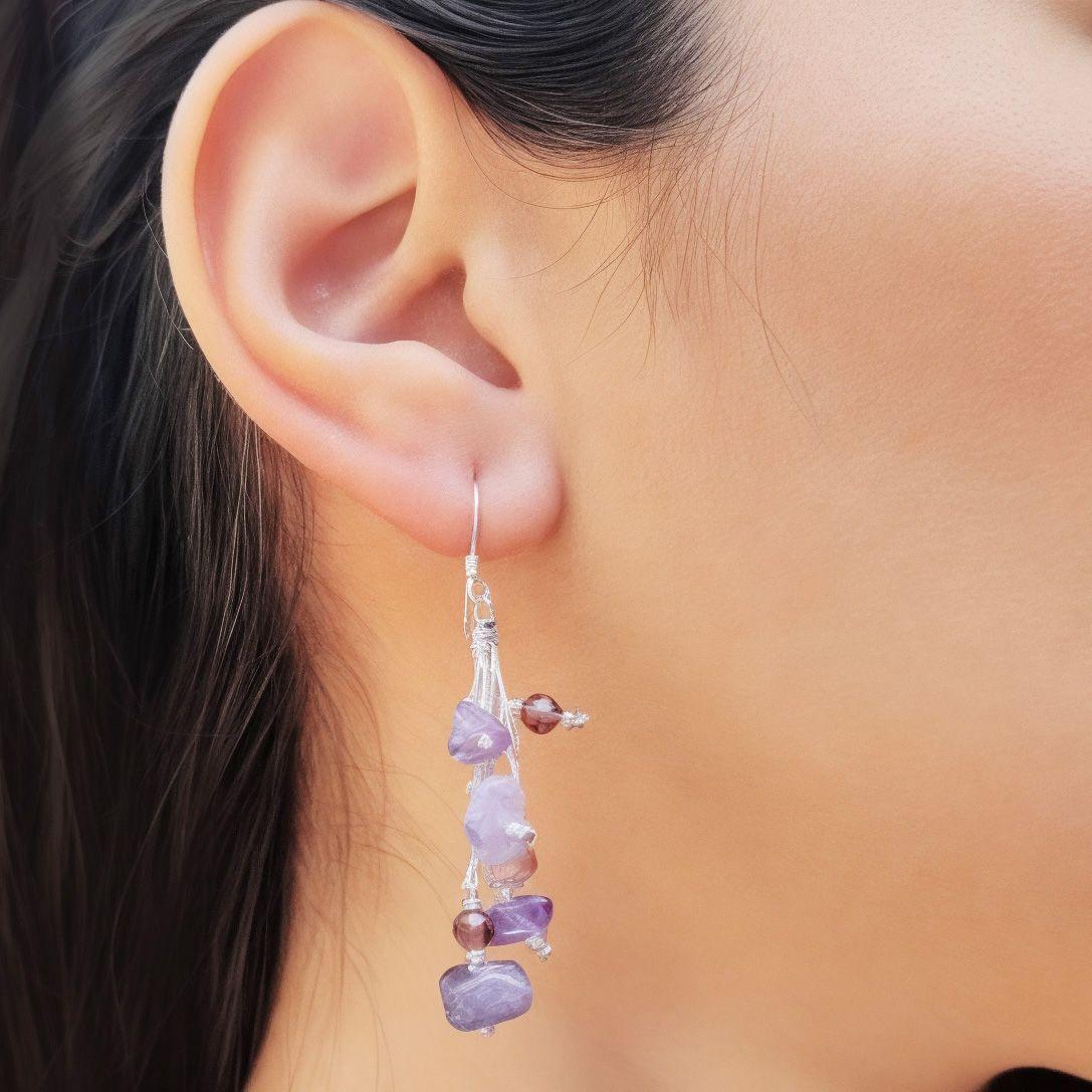Aros Gancho Sansa Amatista Cristal Hilo Seda Plata Fina 925-2