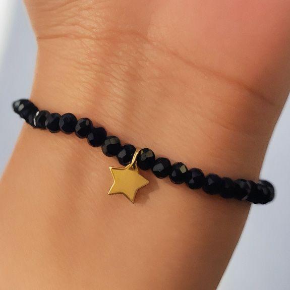 Pulsera Elásticada Cristales Negro Estrella Enchapado Oro 18K-2