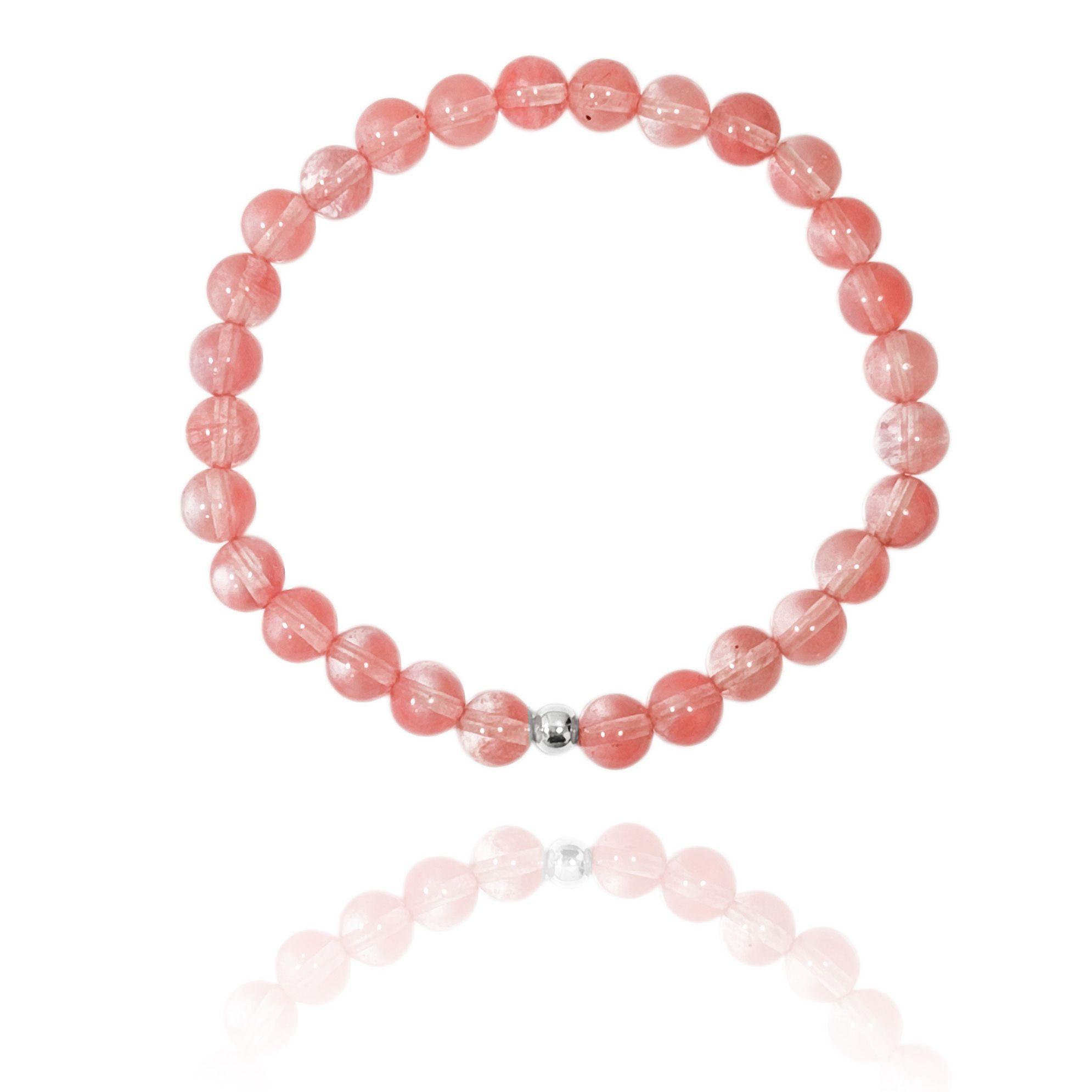Pulsera Cuarzo Rosa Cherry 6mm Bolita Plata Fina 925 Elasticada-2