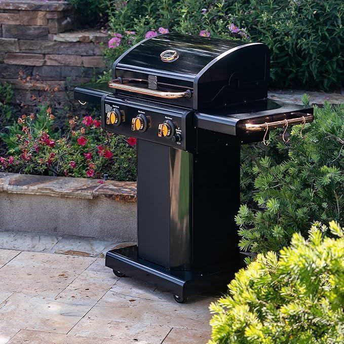 Parrilla a gas 3 Quemadores - Color Negro con Manillas Cobre + Set de asado + Garras-0