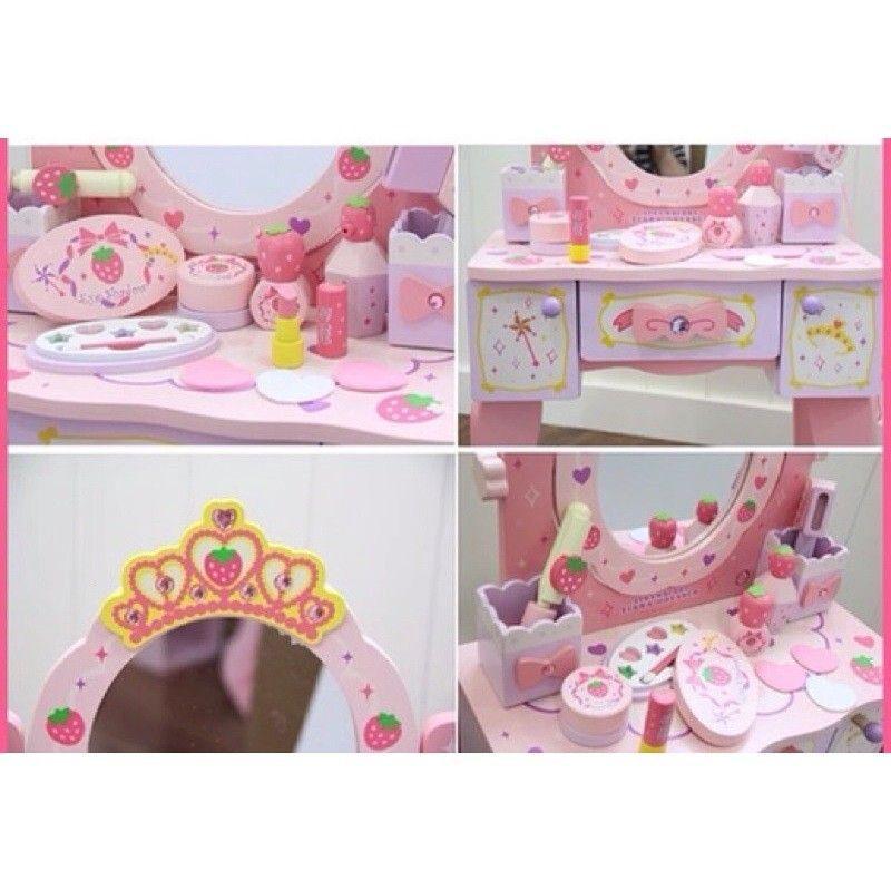 Tocador Madera Princesa Frutilla Infantil con Silla y Set de Belleza-4