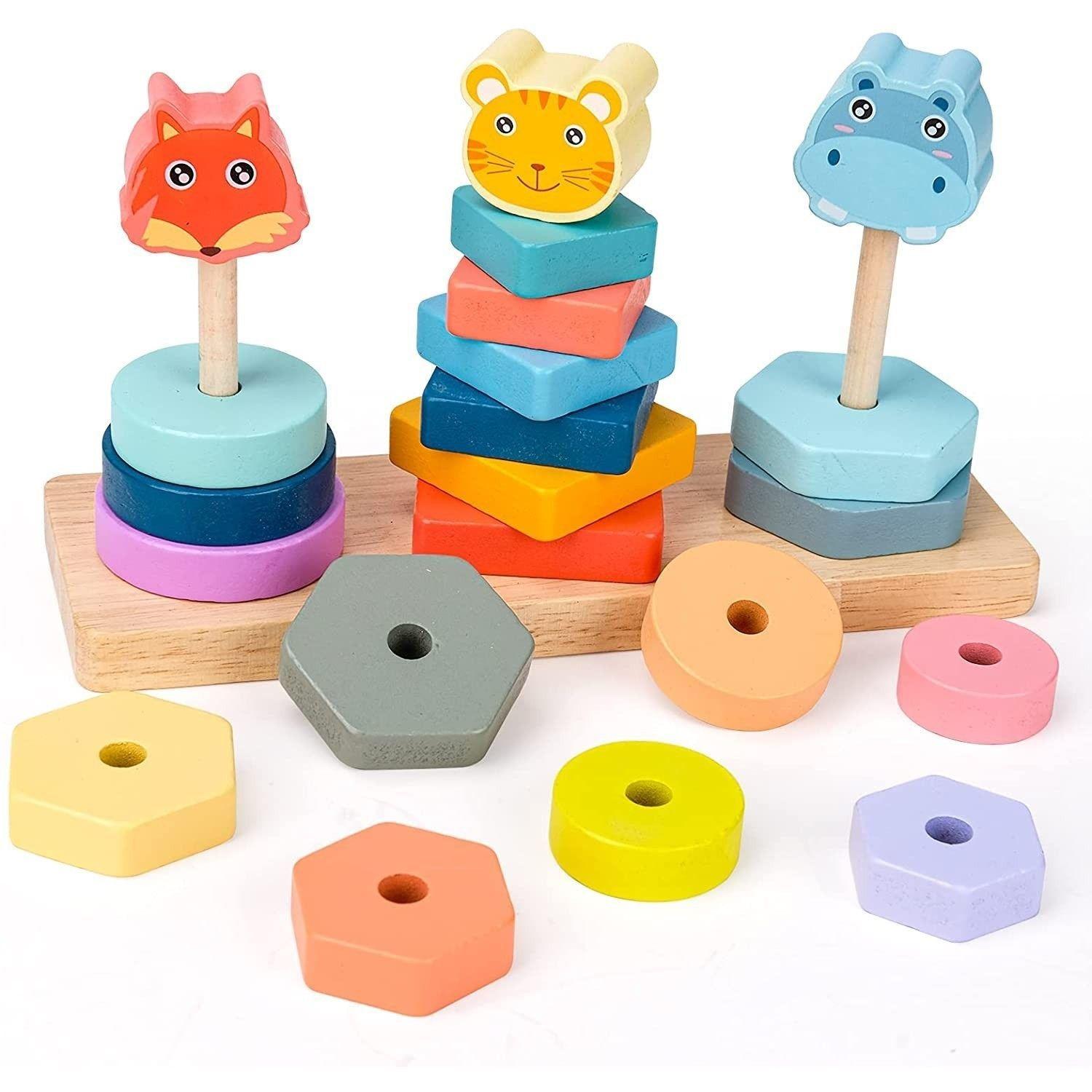 Juego Didáctico Madera Encaje Apilar Animales Triple-0