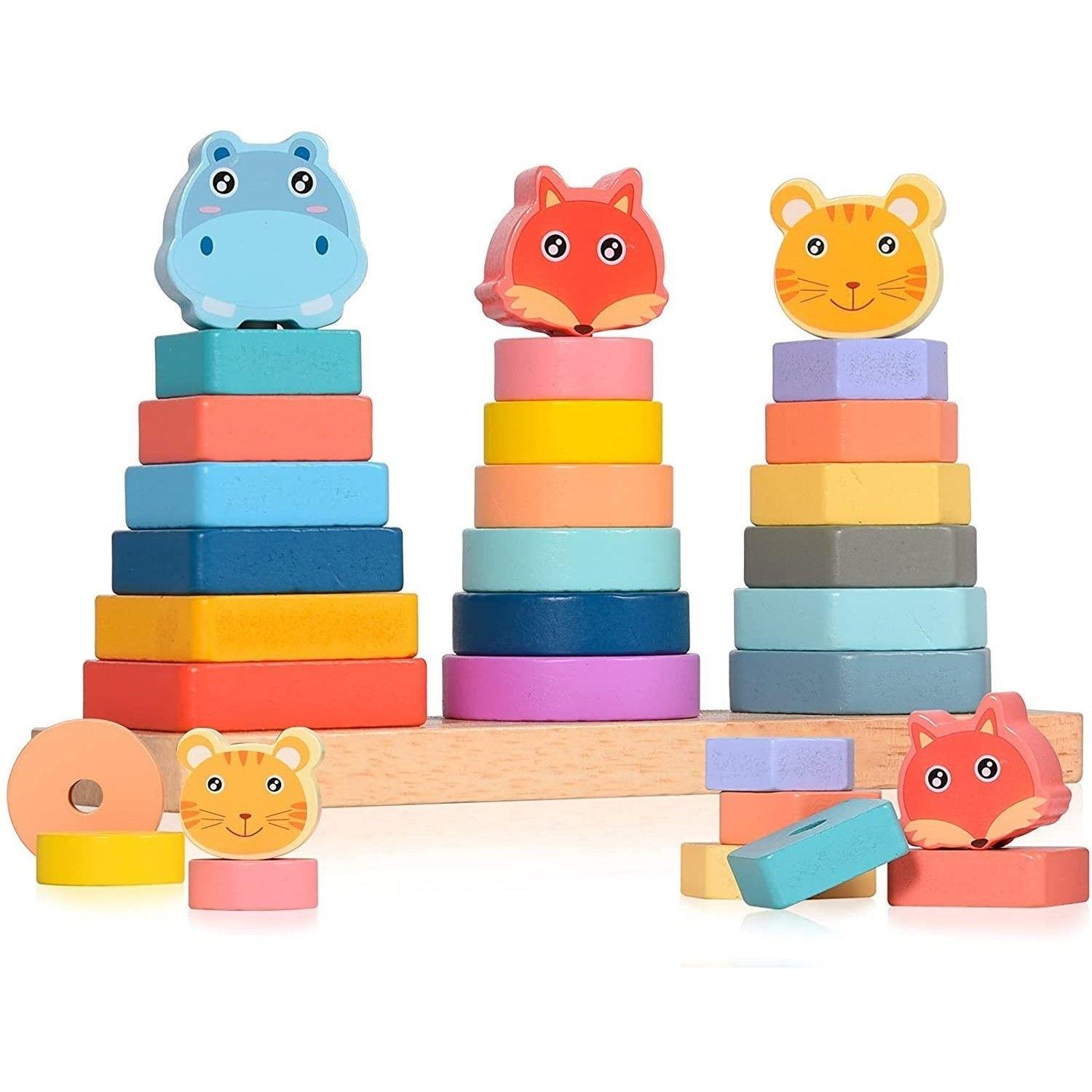 Juego Didáctico Madera Encaje Apilar Animales Triple-2