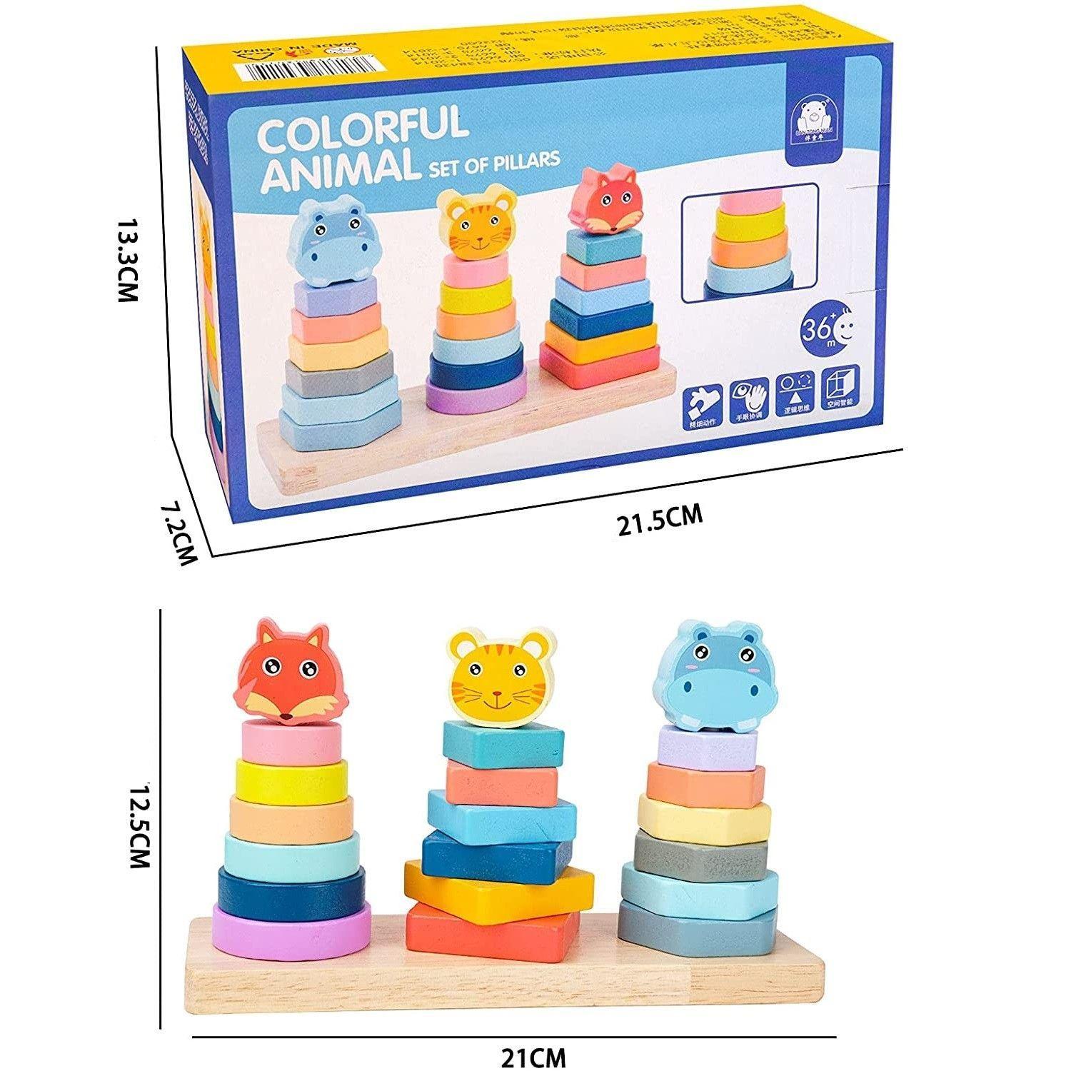 Juego Didáctico Madera Encaje Apilar Animales Triple-4