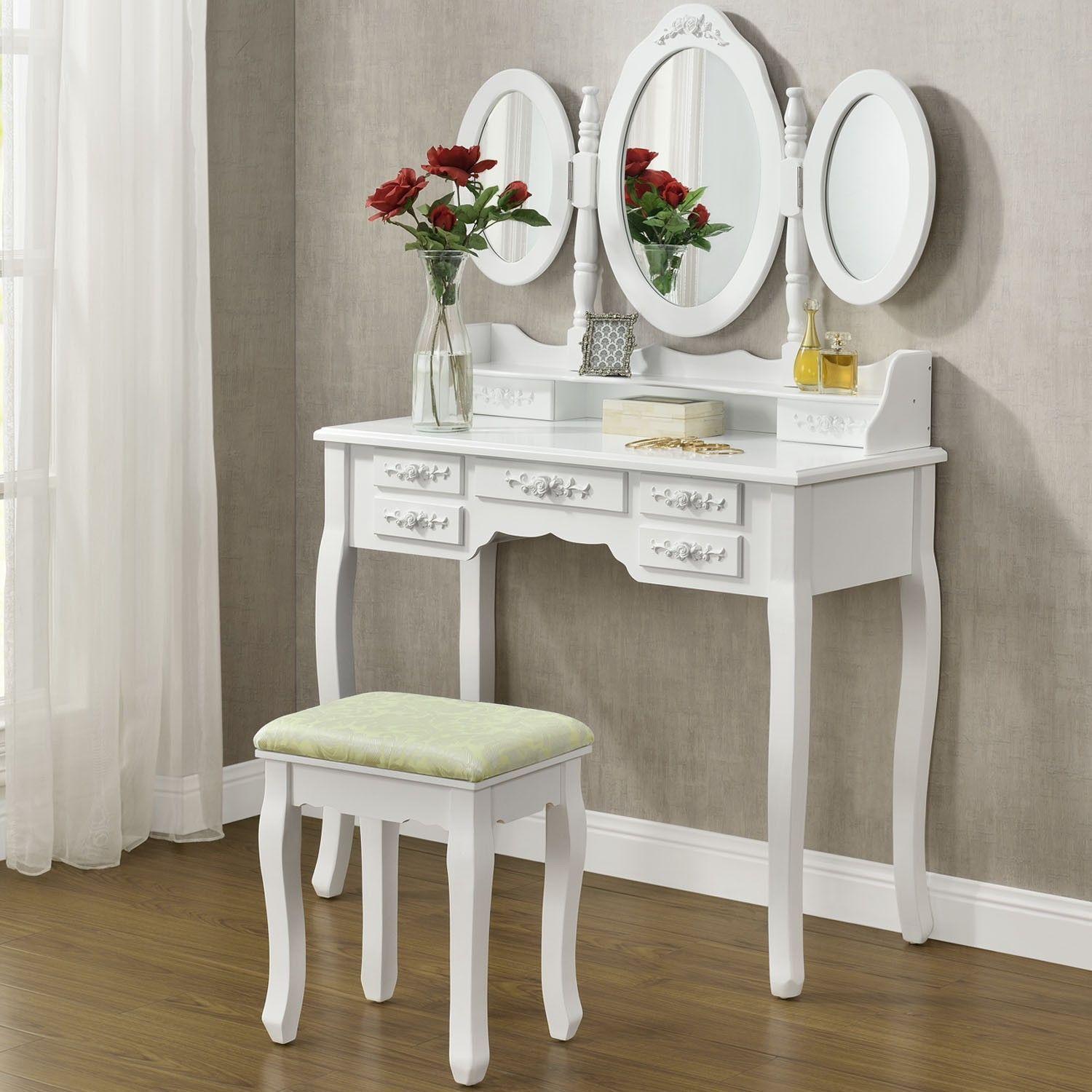 Tocador Madera Infantil con Espejo Triple y Asiento Taburete-3