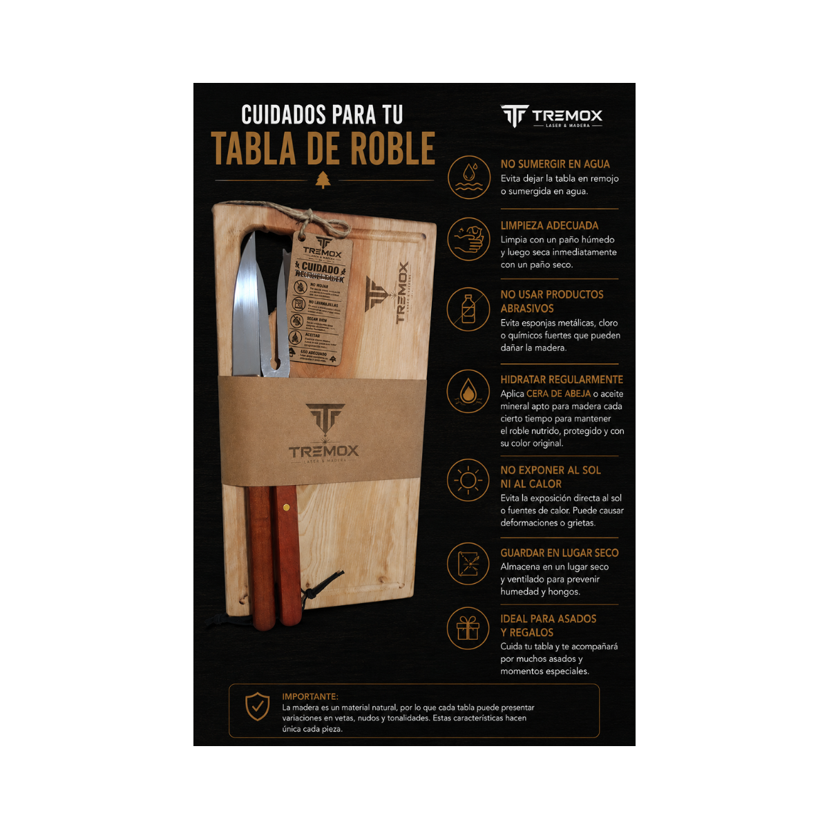 Set Parrillero Tabla De Roble 40x23cm Cuchillo Y Pincho Asado-2
