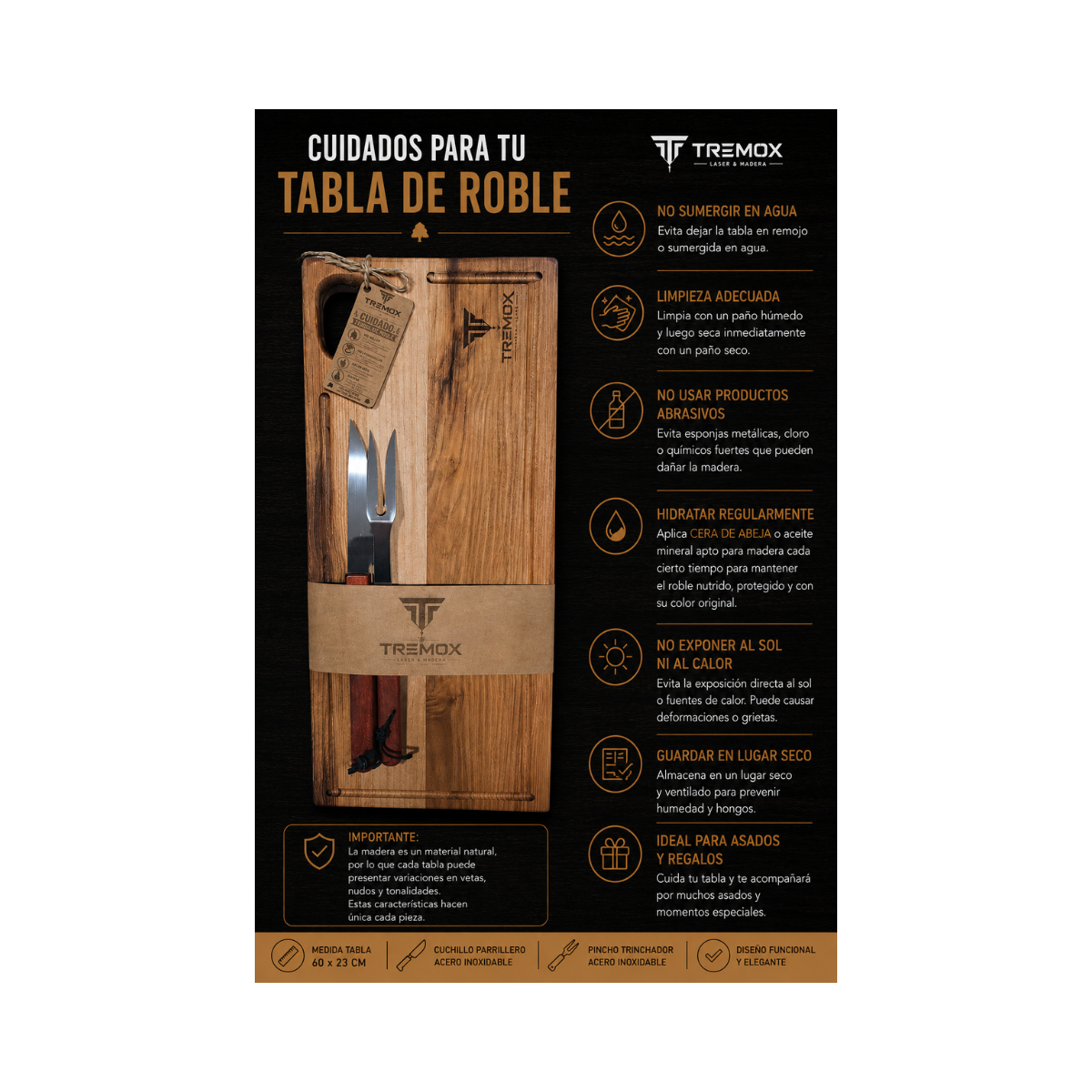 Set Parrillero Tabla De Roble 60x23cm Cuchillo Y Pincho Asado-2