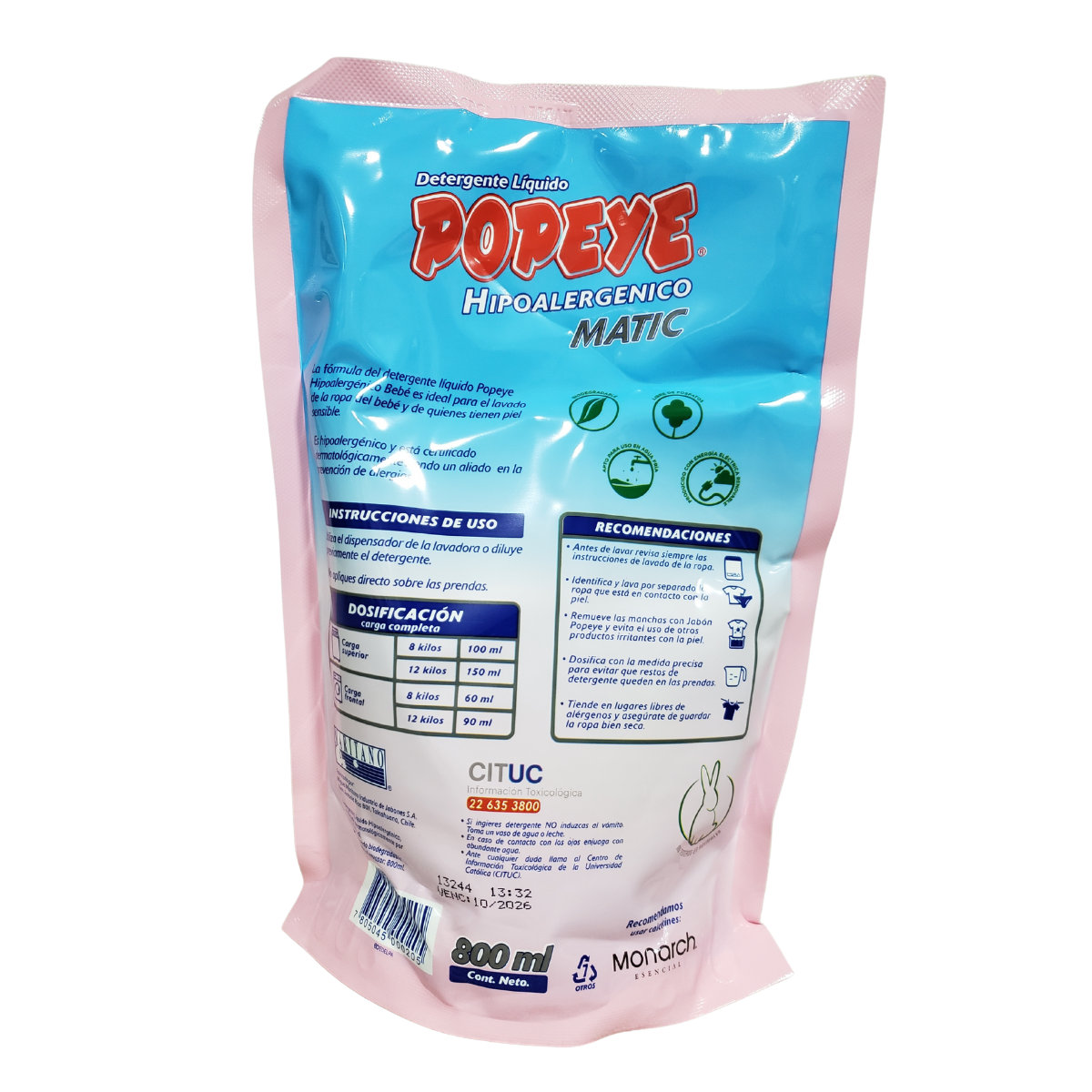 Pack 10 Detergente Líquido Popeye Hipoalergénico 800ml-1