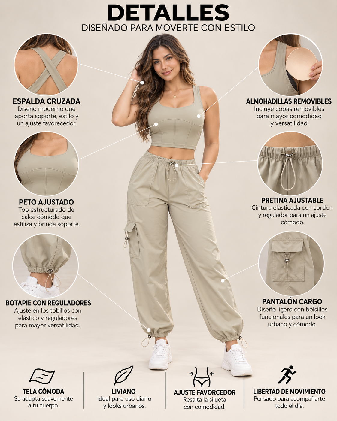 Conjunto Mujer Top Ajustado y Pantalón Cargo con Cordón-2